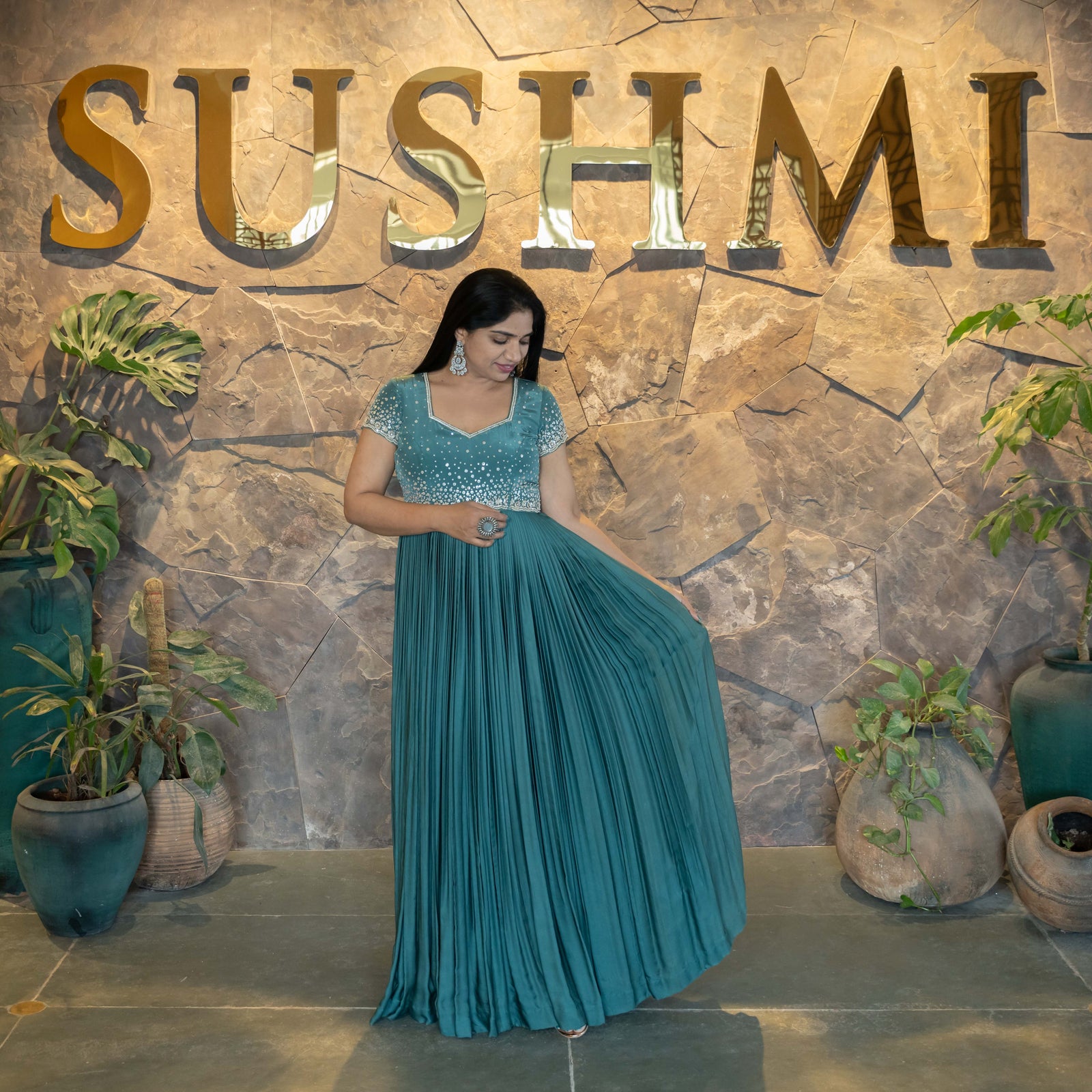 Peacock Blue Modal Satin Silk Long Frock with handwork yoke