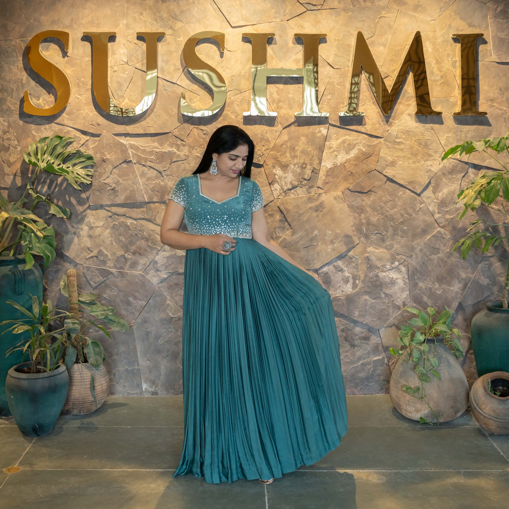 Peacock Blue Modal Satin Silk Long Frock with handwork yoke