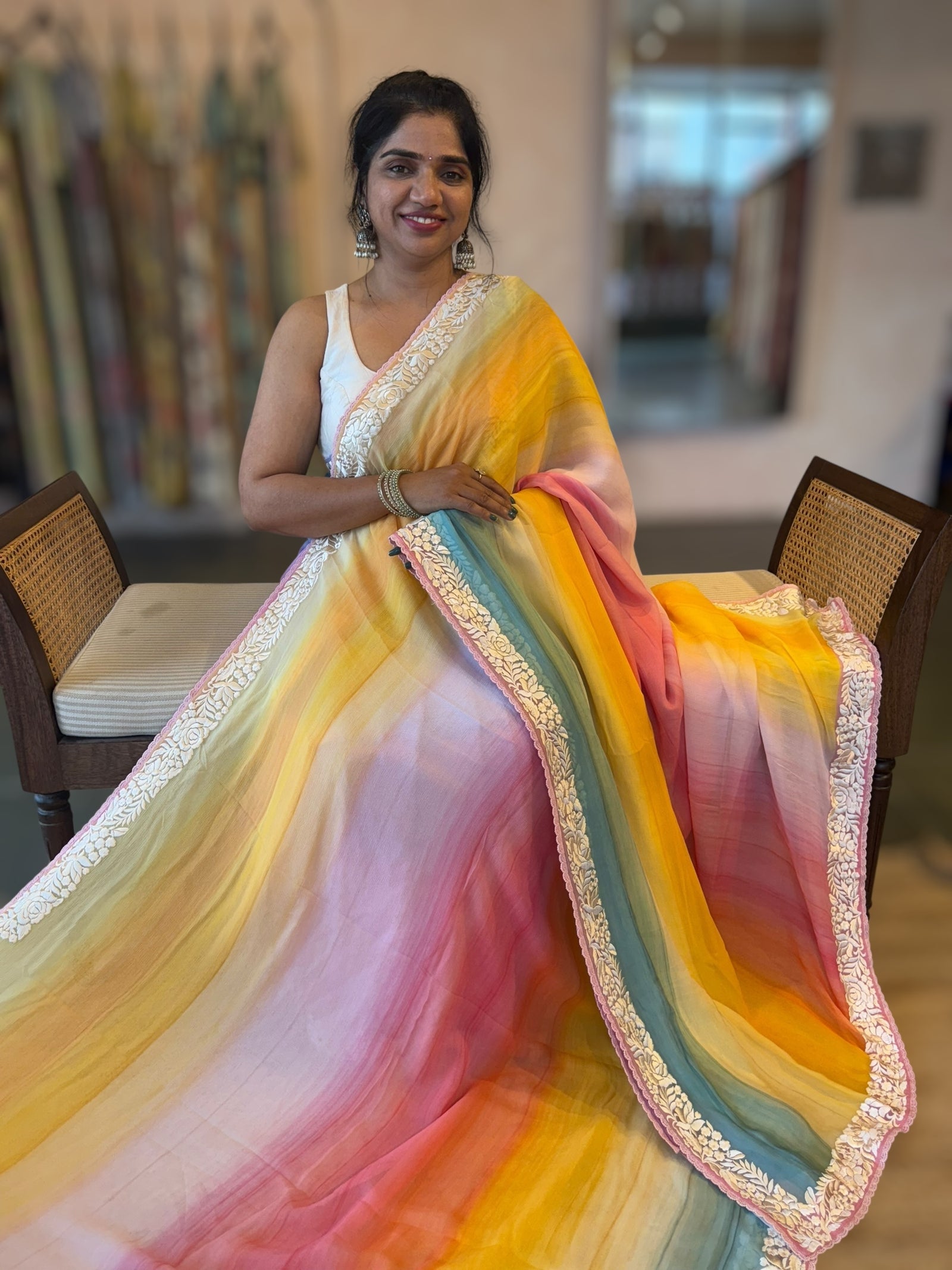 Pure Chiffon Saree with Ombre Brush dyeing & Parsi Gara Embroidered Border