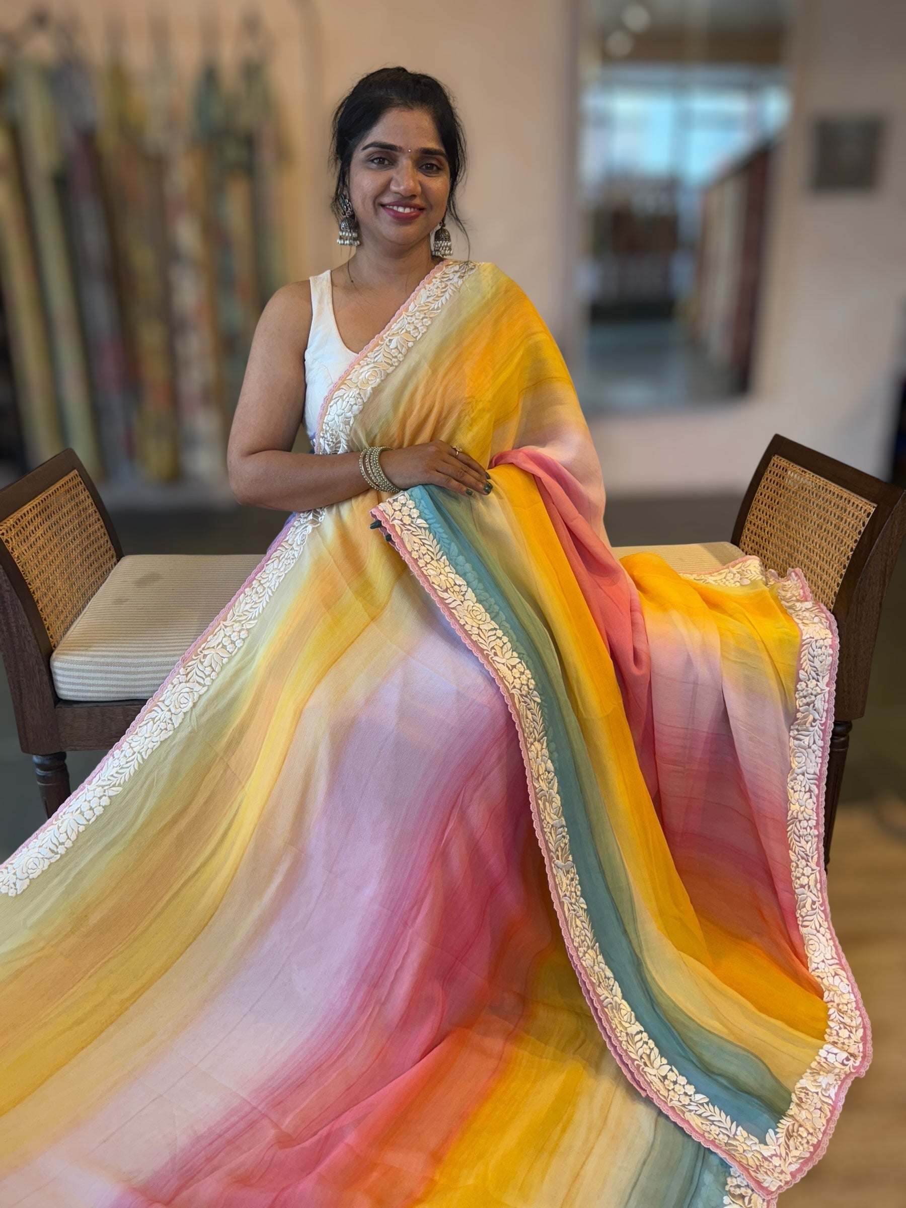 Pure Chiffon Saree with Ombre Brush dyeing & Parsi Gara Embroidered Border