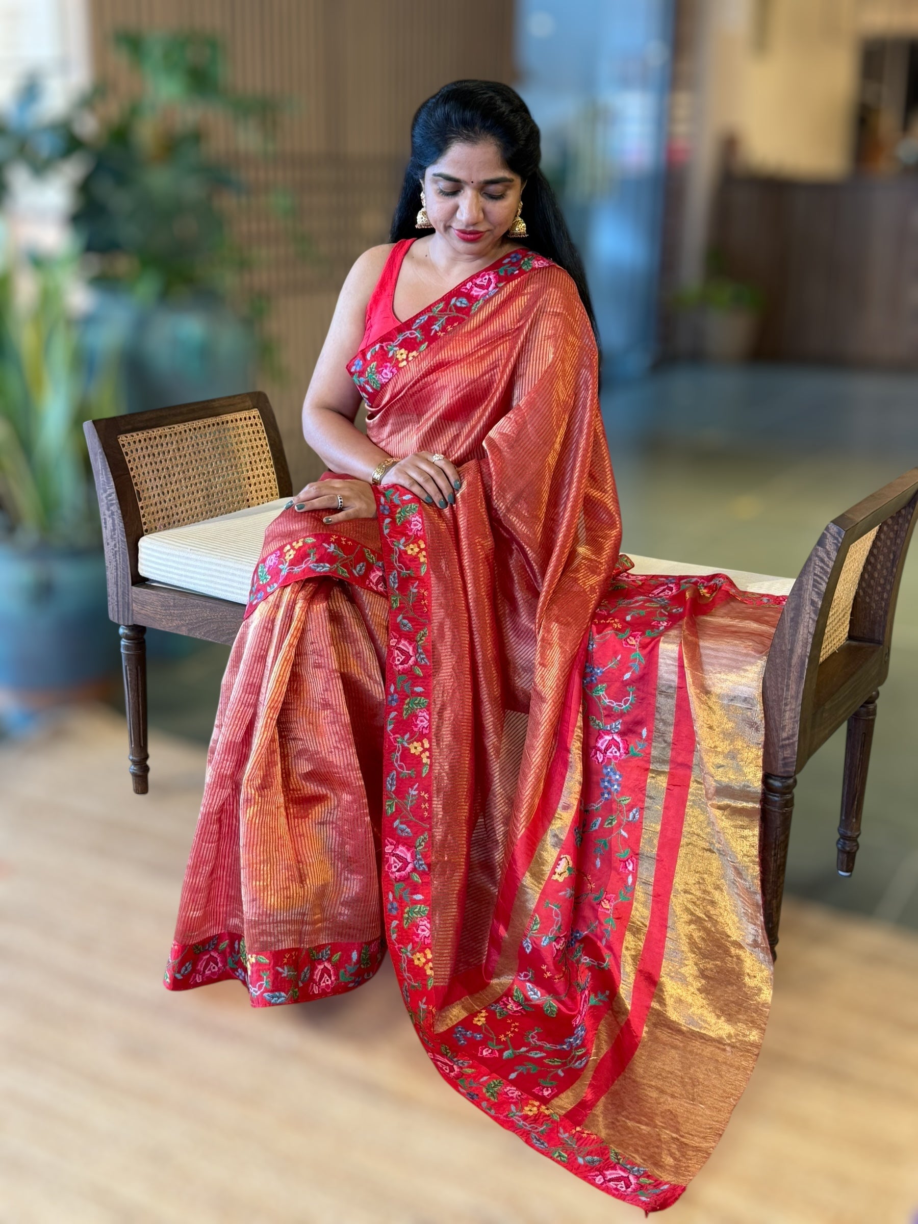 Red Kora Tissue Stripes Saree with Petite Point Embroidered Border Pallu & BP