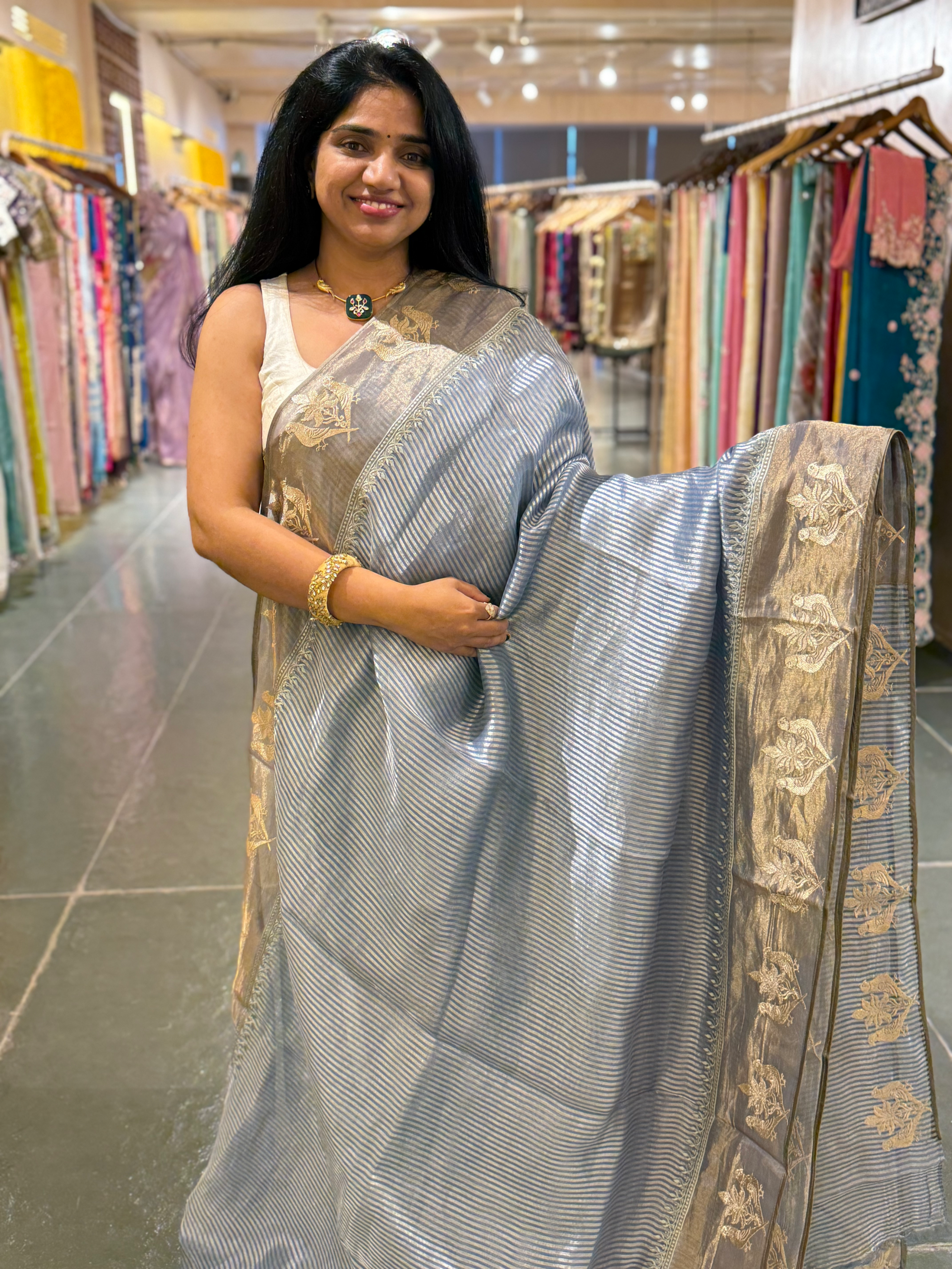 Corn Flower Blue Kora Tissue stripes saree wth tissue Embroidered Border