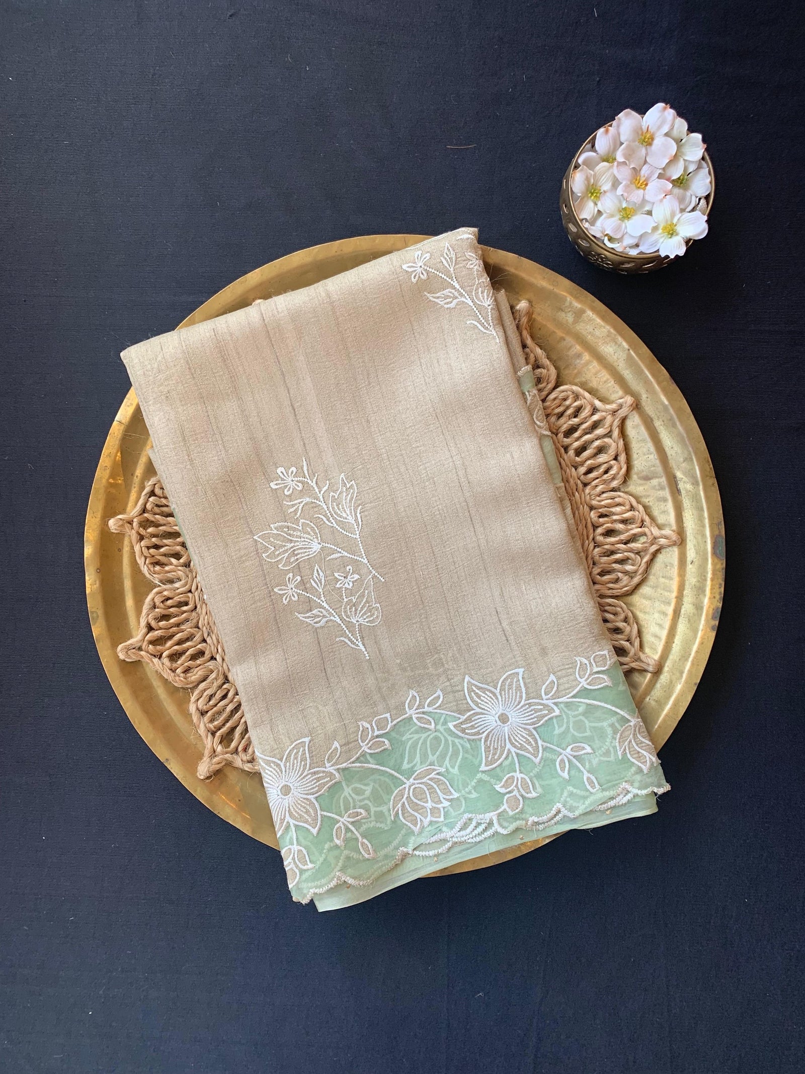 Pure handloom Tussar Designer Saree with Organza Applique Cutwork Border