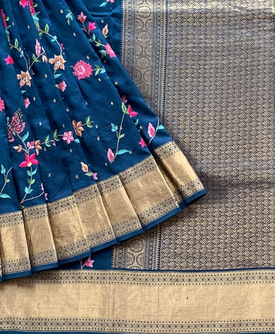 Midnight Blue Kanchi soft Silk Saree With Allover Petite Point Embroidery