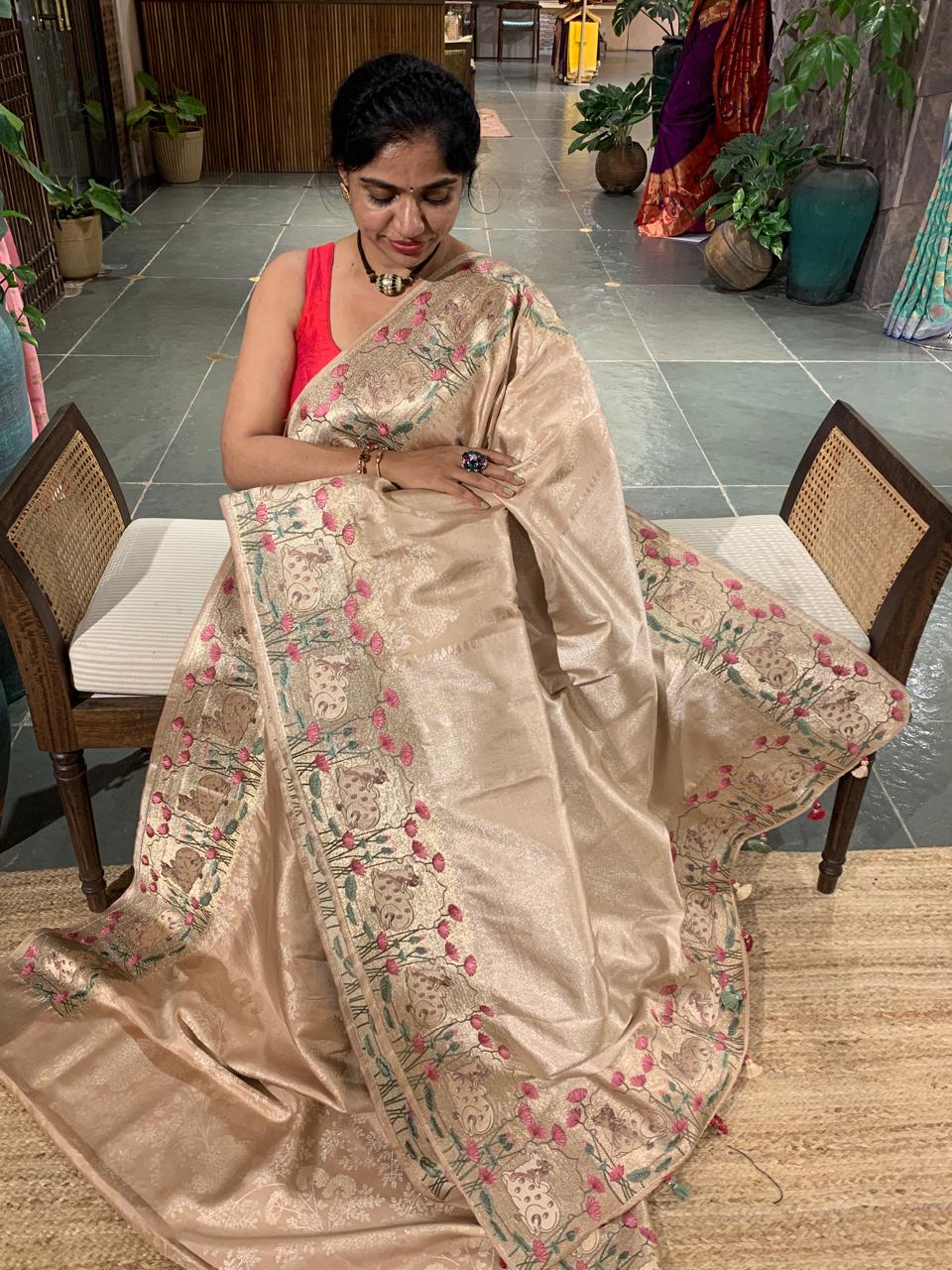 Wheat Tone Kanchi Brocade Saree With Tissue Pichwai Embroidered Border