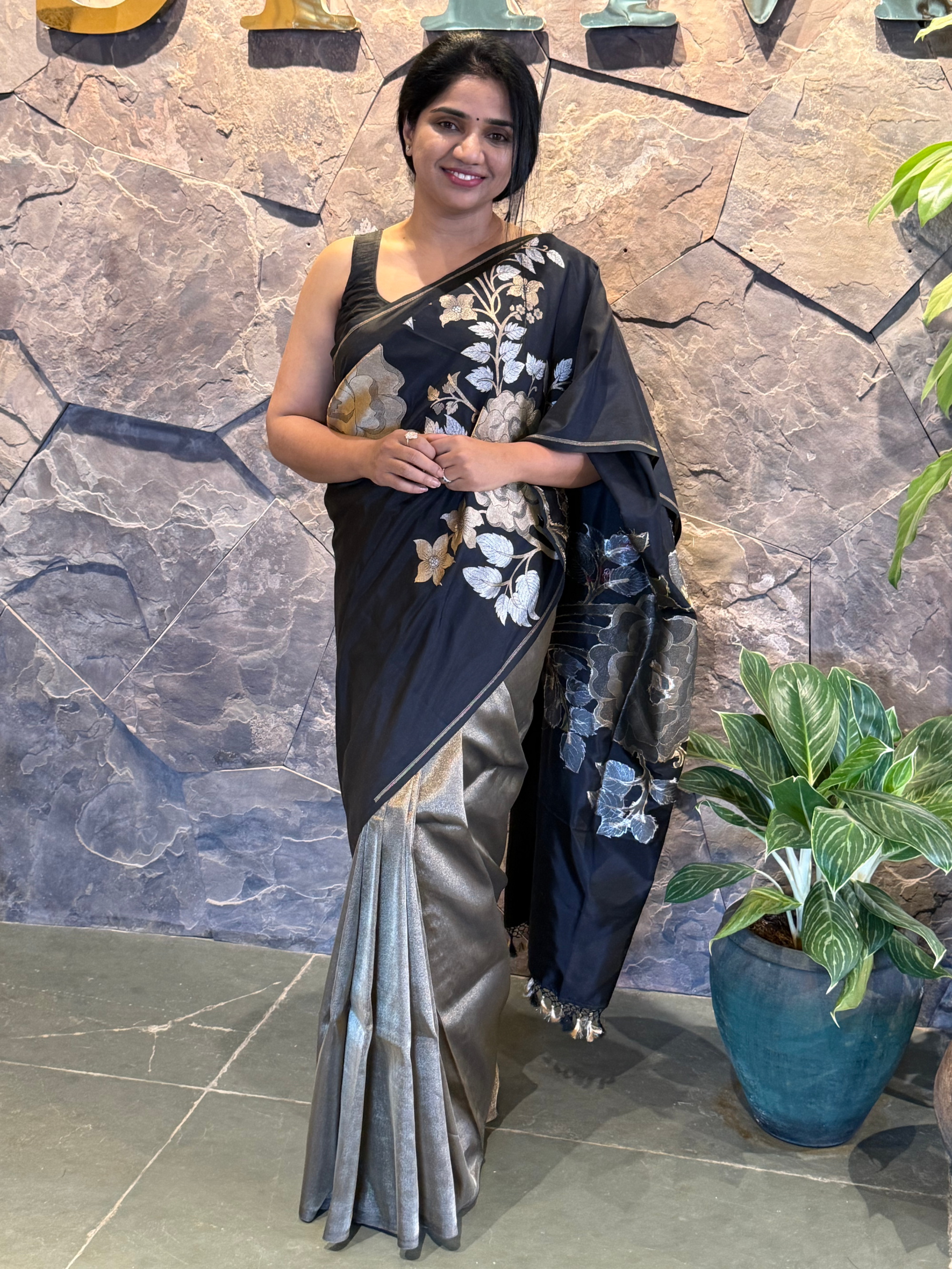 Black and Antique Gold Designer Banarasi Silk Saree