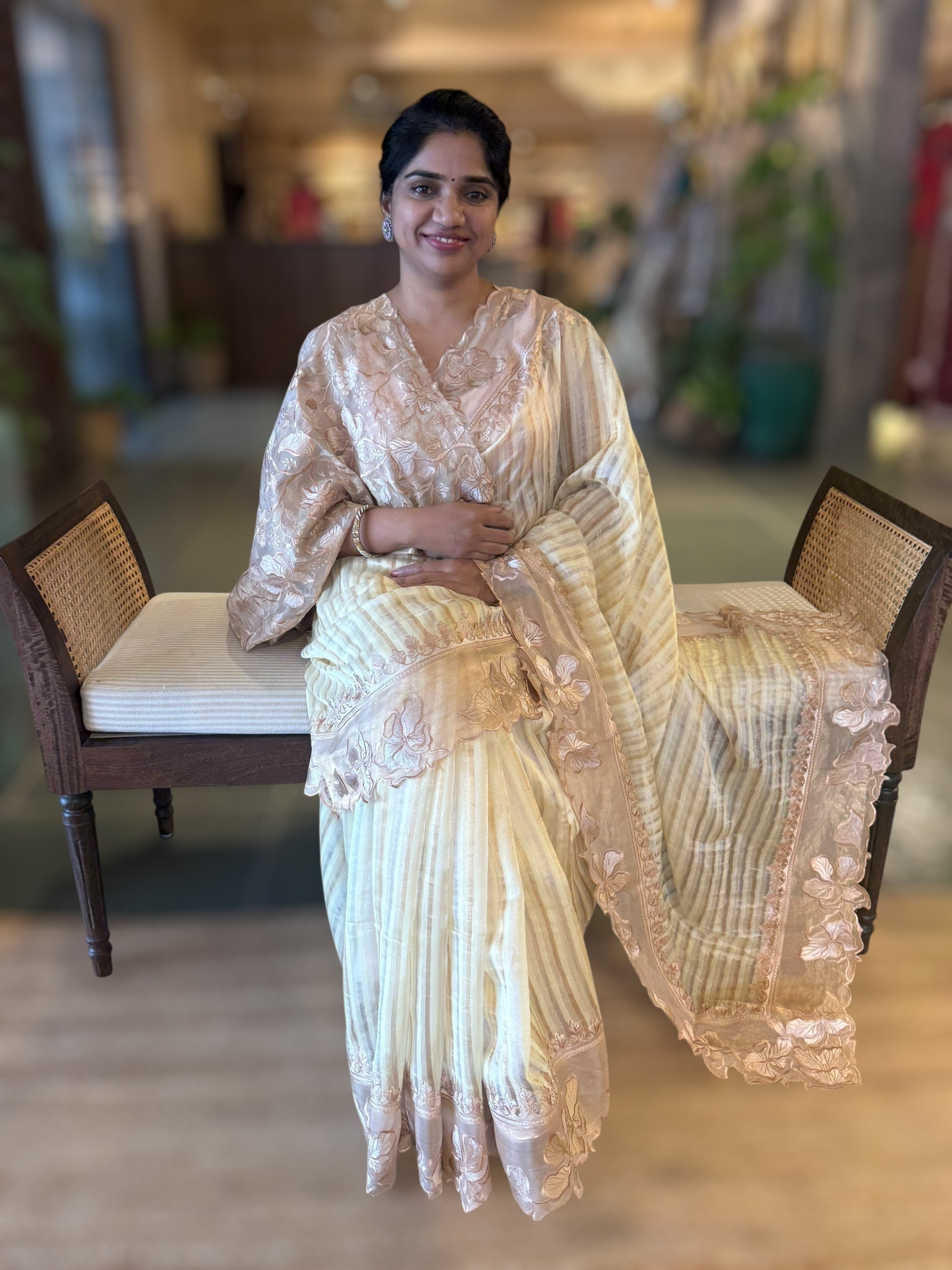 Pastel Yellow Mul Tissue Stripes Saree With Tissue Cutwork  Border & Blouse