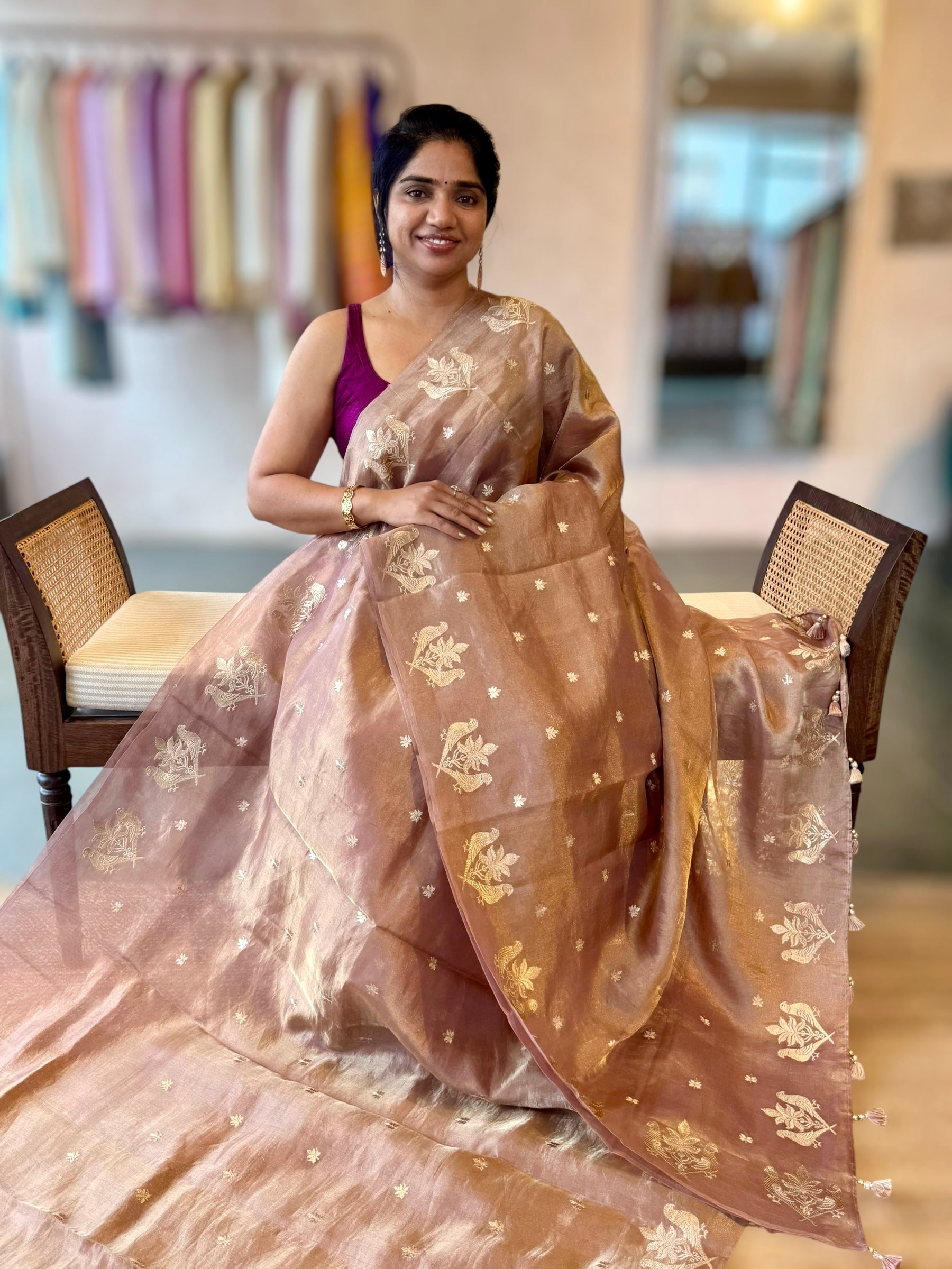 Honey Handloom Tissue Saree With Bird Embroidered Border & Stripes Tissue BP