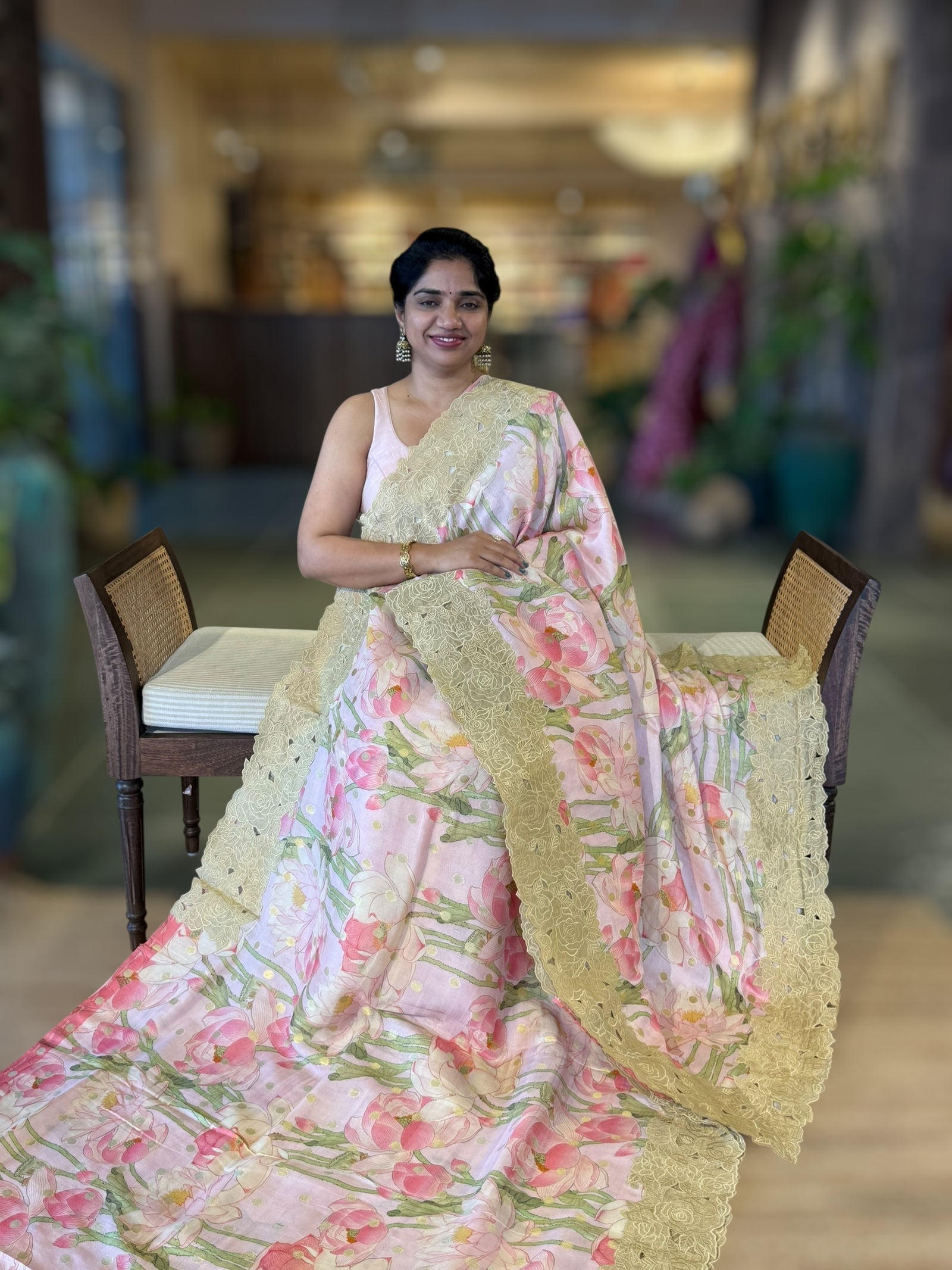 BabyPink Banarasi Printed Tussar Khaddi Gorgette With Tissue cutwork Rose Border