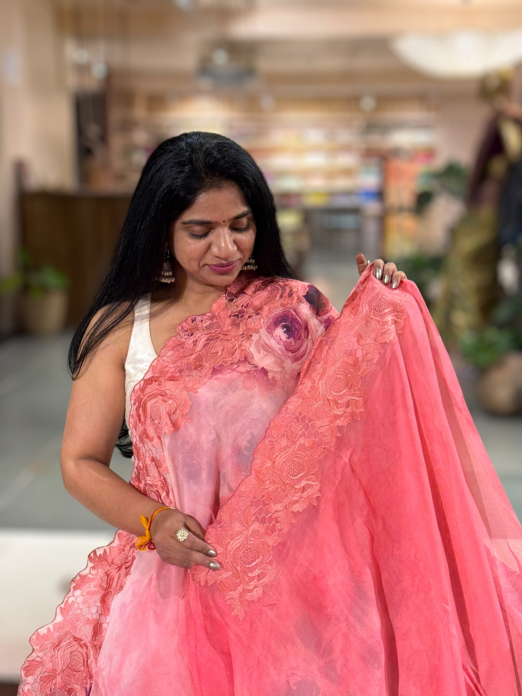 Coral Peach Gorgette  Saree With Chatilly Lace Style Cutwork embroidered Border