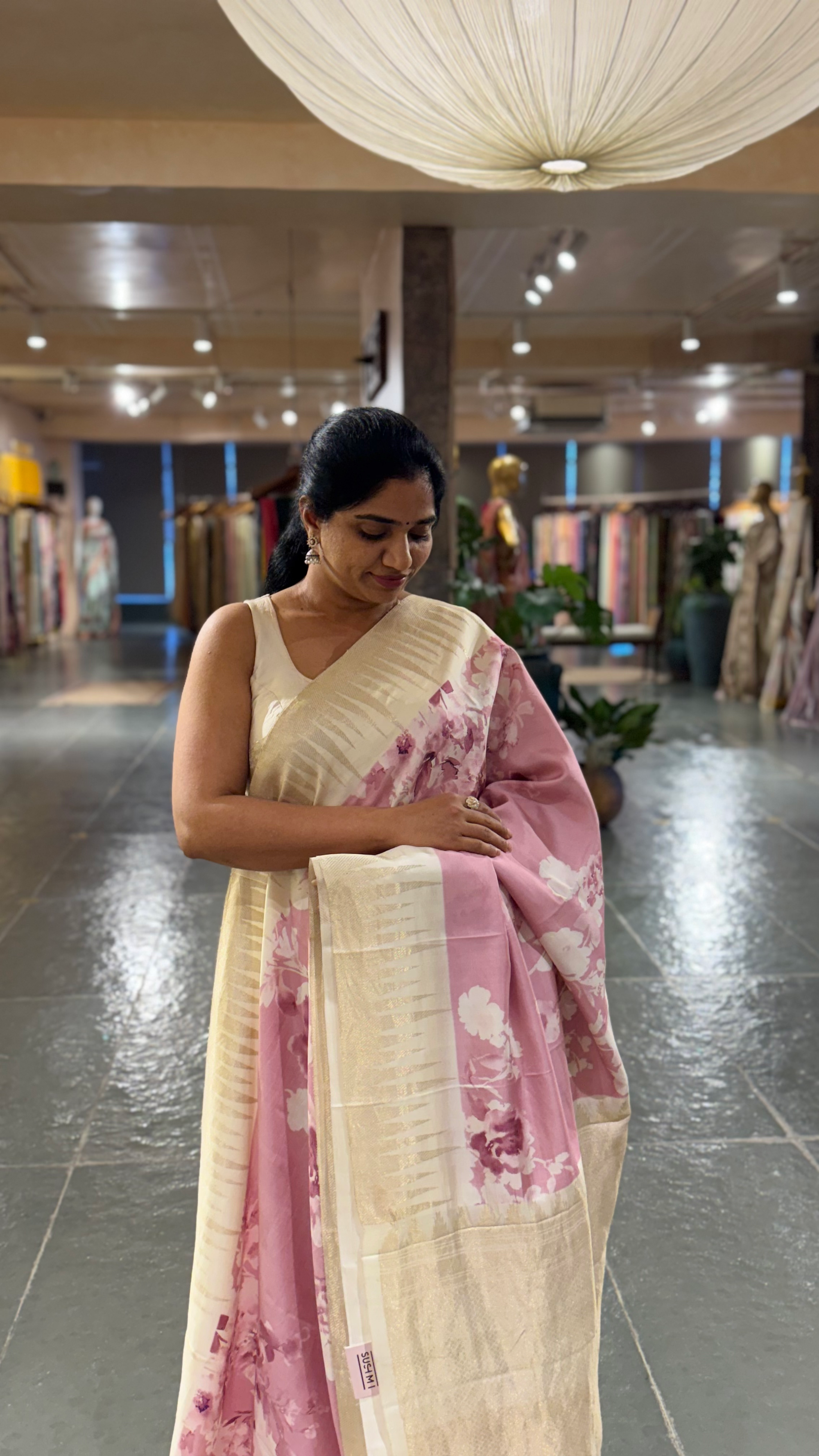 Baby Pink Printed Kanchi Silk soft drape Saree with temple borders b