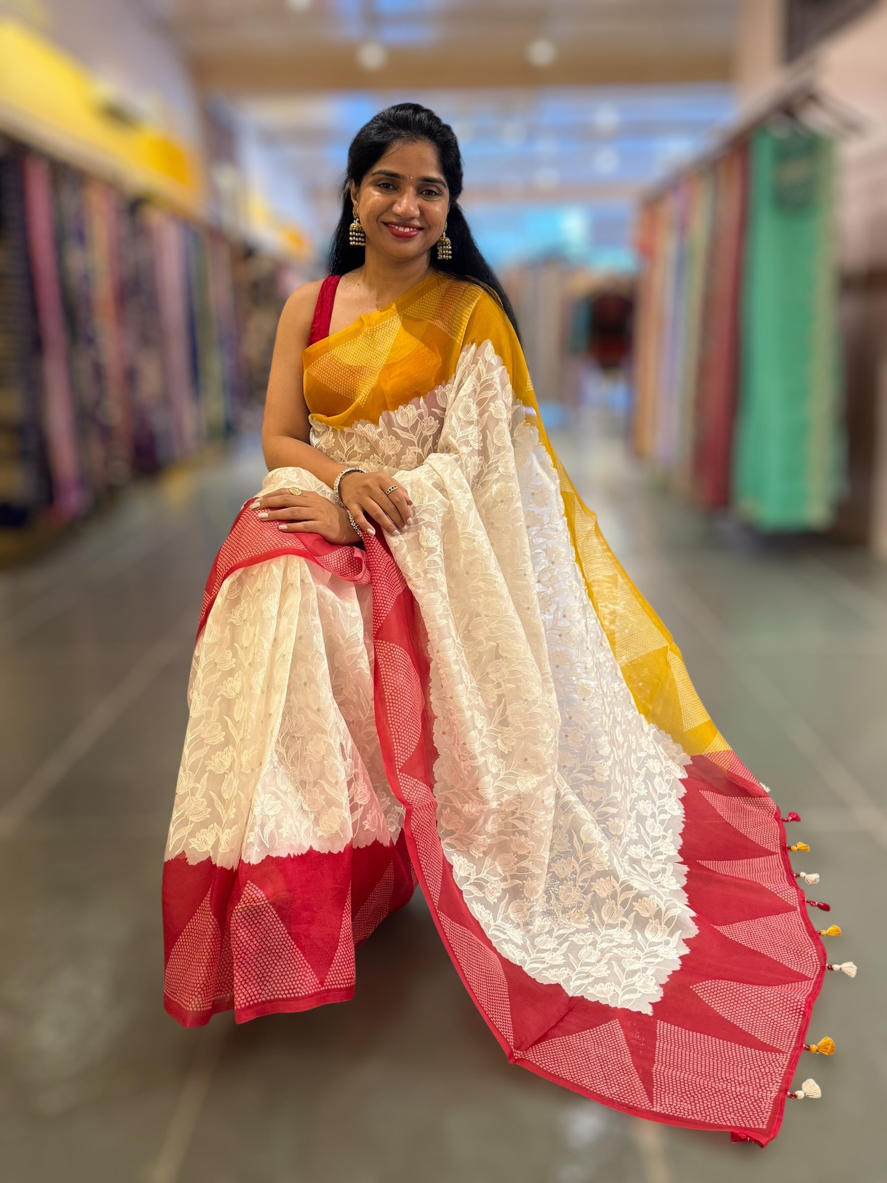 Organza Chikankari Embroidery Saree With Ganga Jamuna Bandhini Temple Borders