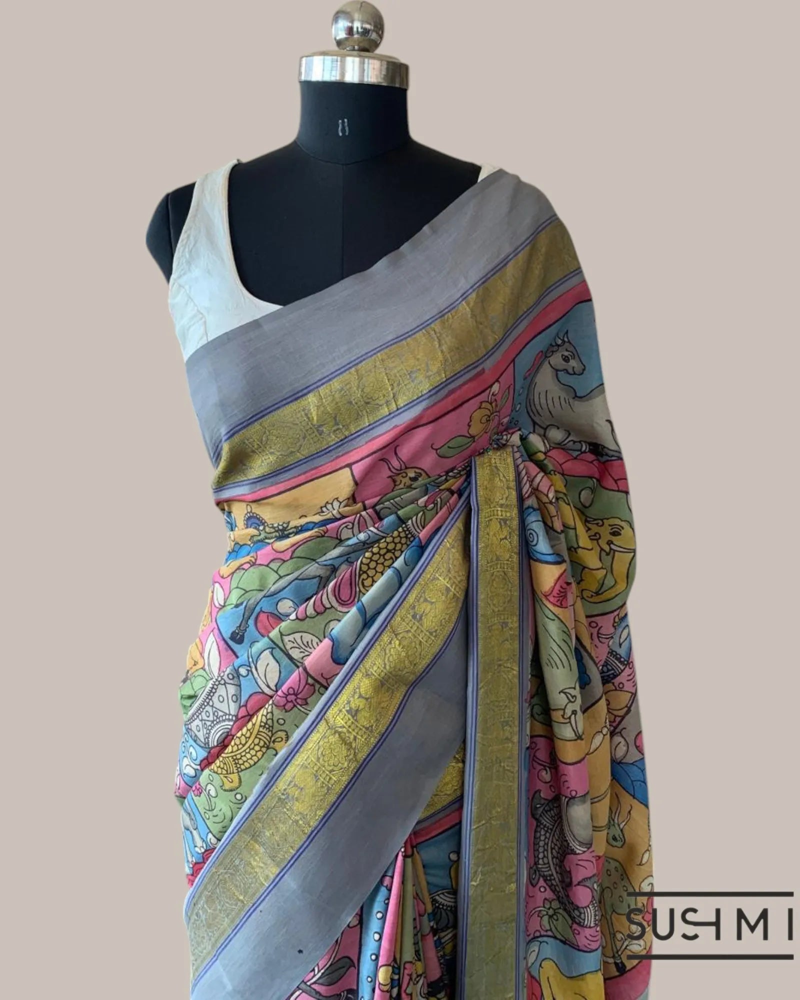 Kanchi Pen kalamkari handpainted saree with heavy borders
