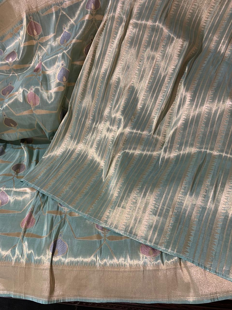 SBETM162 Teal Designer Banarasi Ektara Tissue Saree with allover meenkari jaal