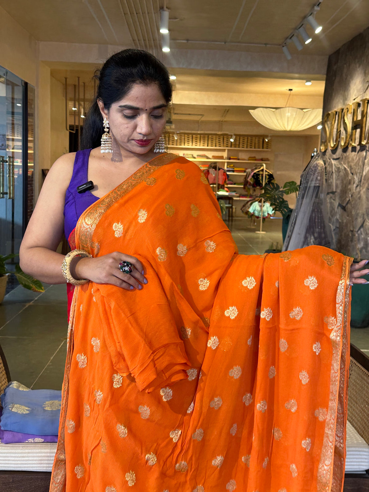 Orange Banarasi Chiffon Saree