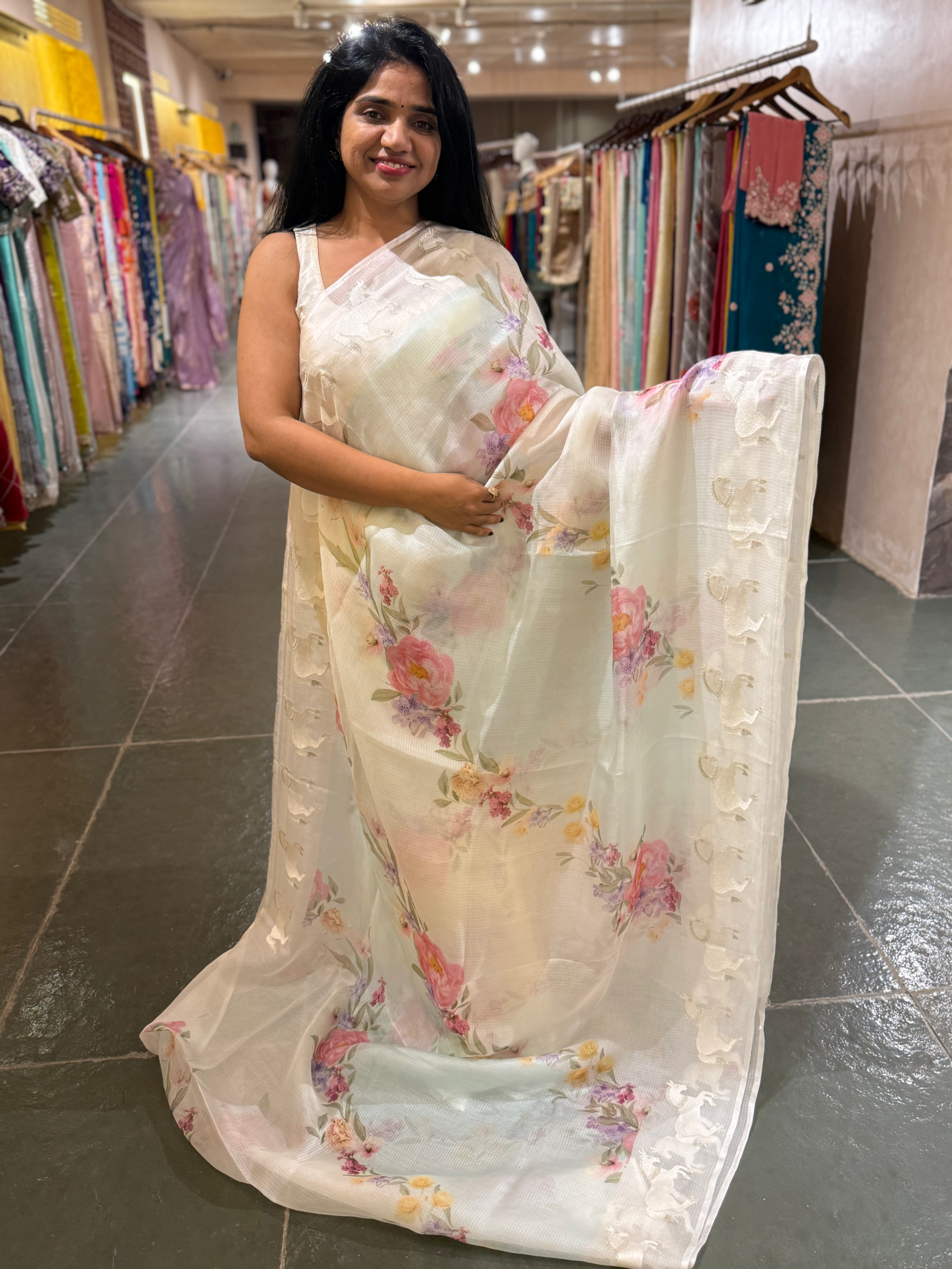 Baby Blue & white Silk kota with floral print &  horse embroidered borders