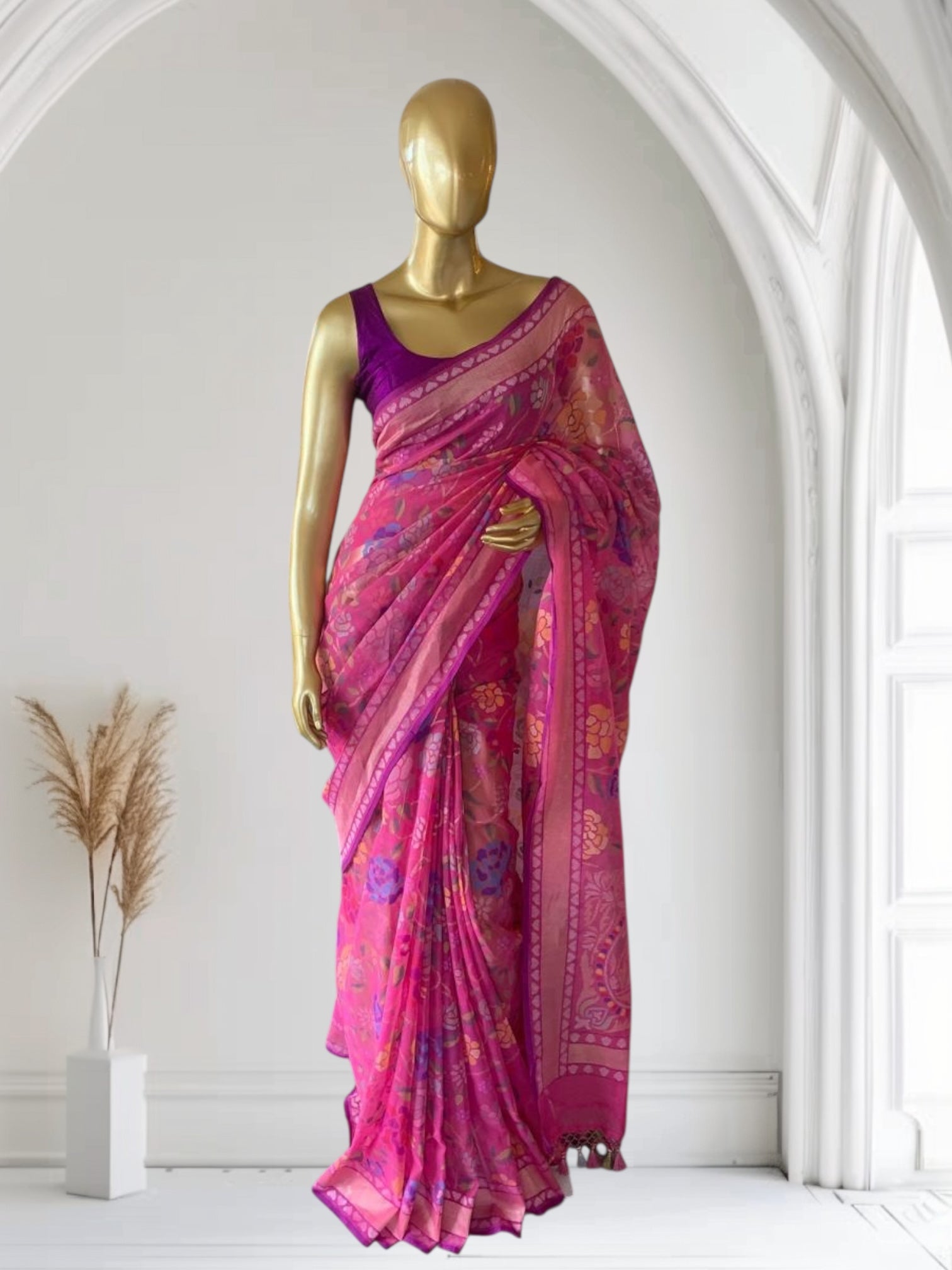 Pink Real Zari Jamdani Saree