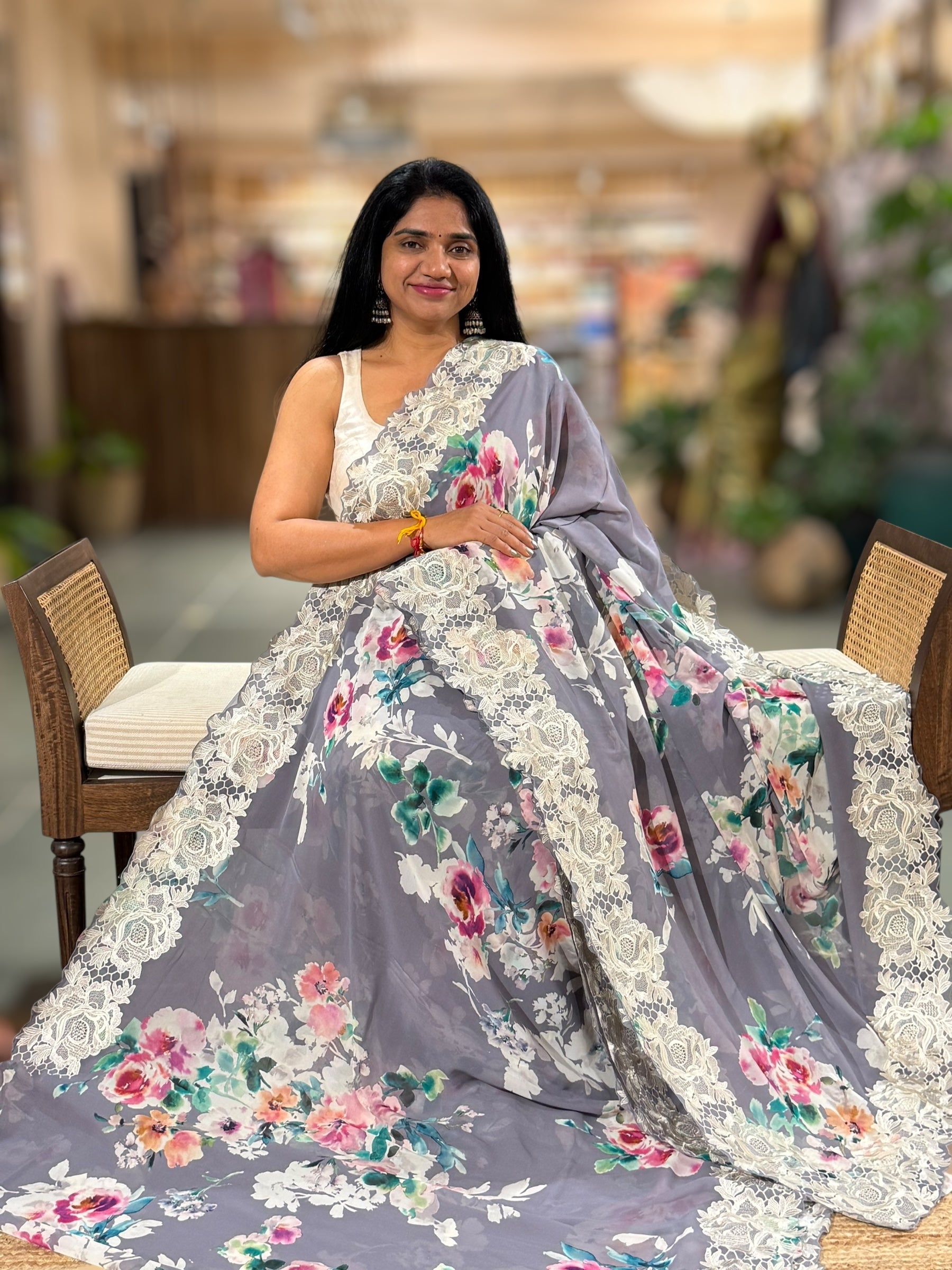 Blusih Grey Gorgette  Saree With Chatilly Lace Style Cutwork embroidered Border