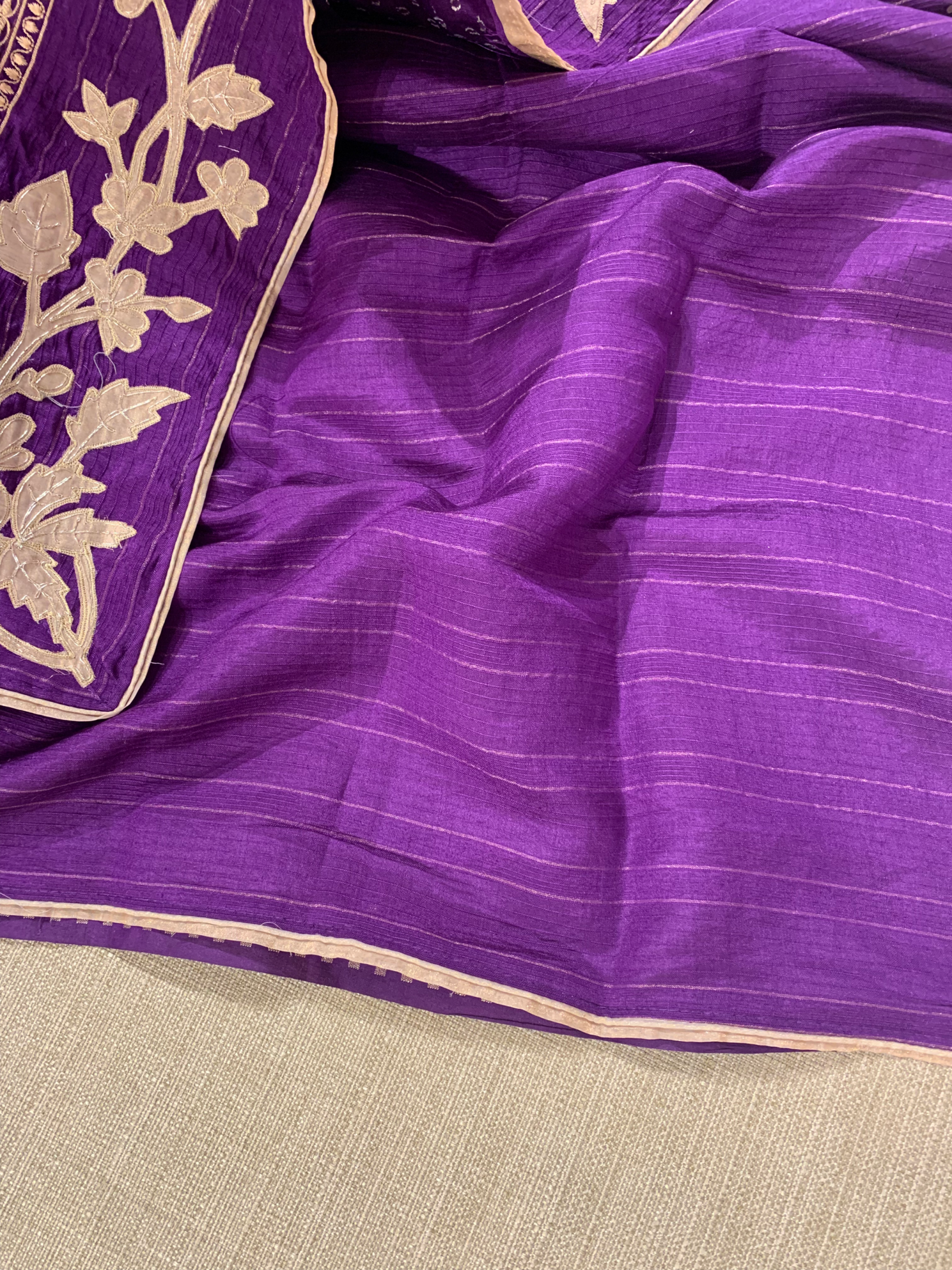 Brinjal Chiniya Silk Saree with Embroidery Border & Applique Creeper Pallu