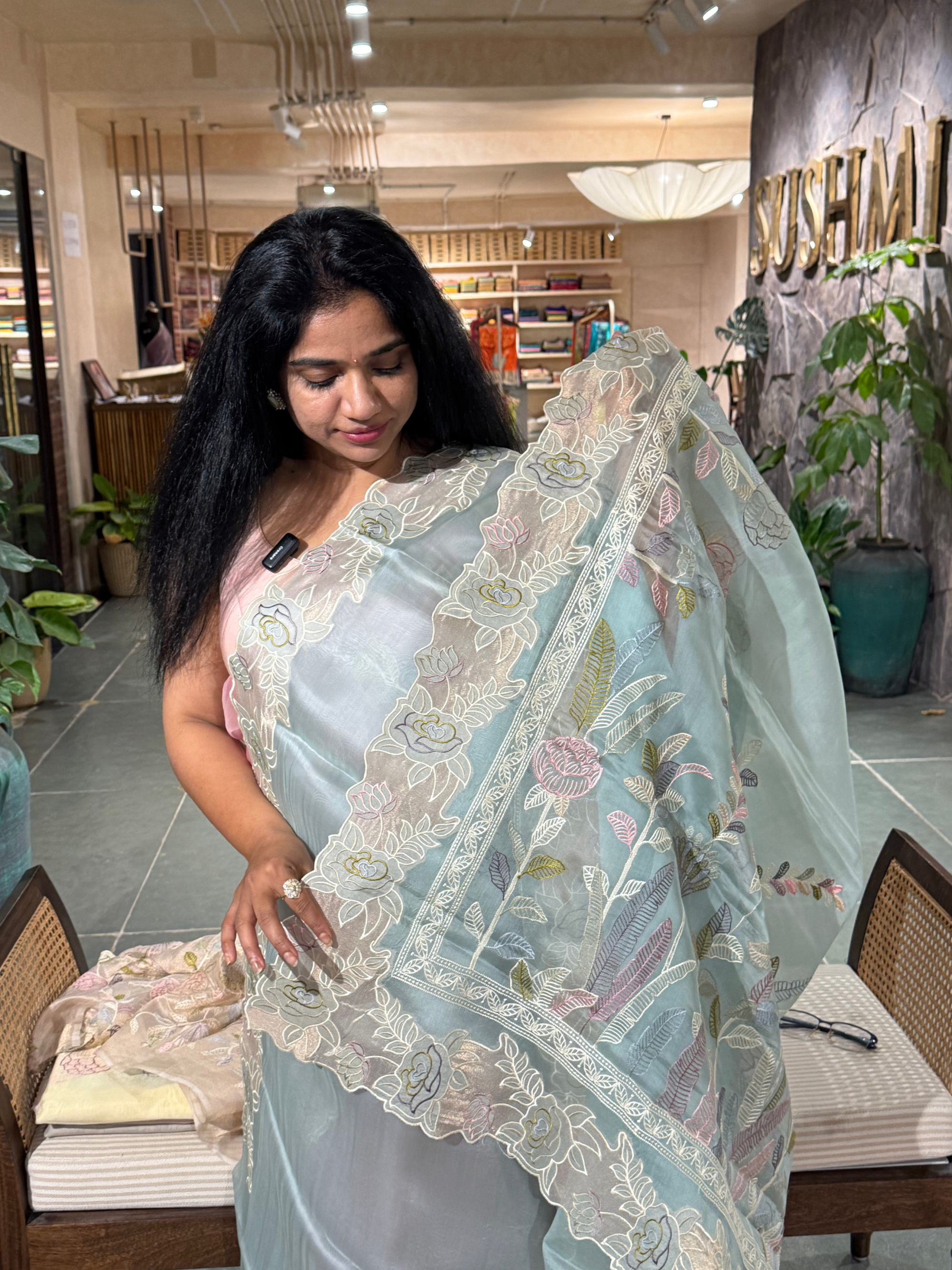 Pastel Blue Pure Organza Saree with embroidered and cutwork borders