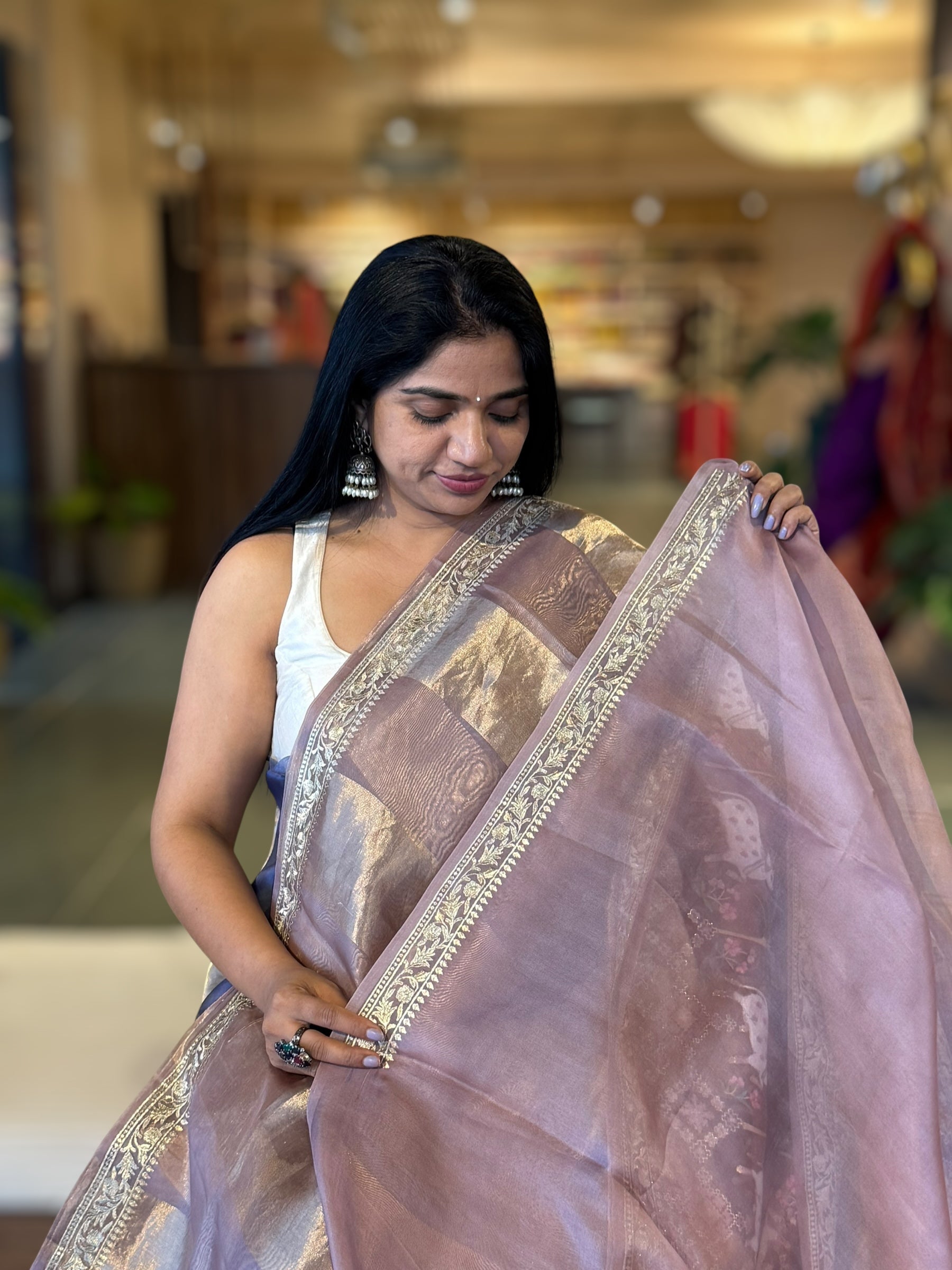 Mauve Kora Tissue Stripes Saree With Jamdani  & Pichwai embroidered Border