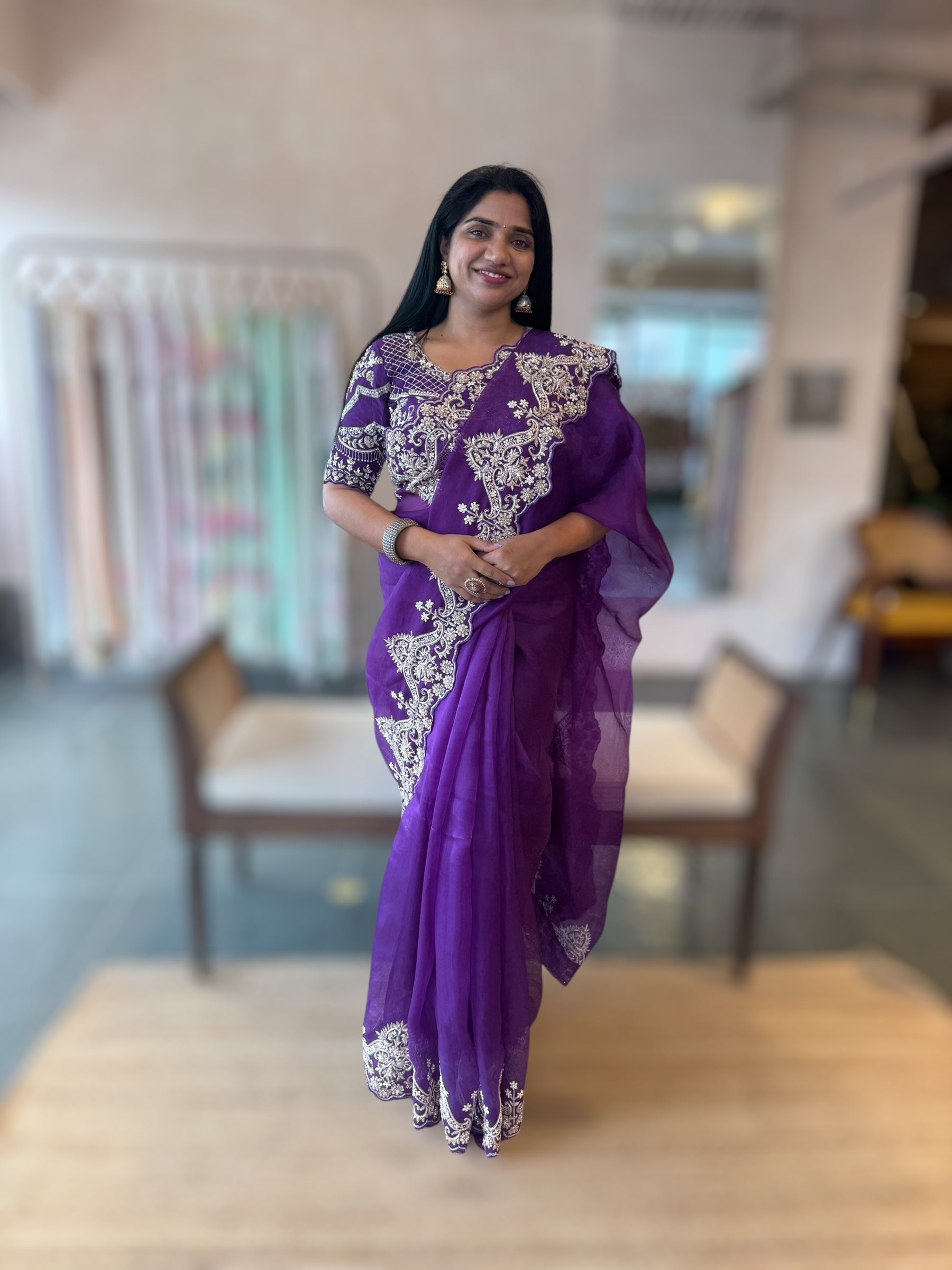 Purple Organza Heavy Handwork Saree