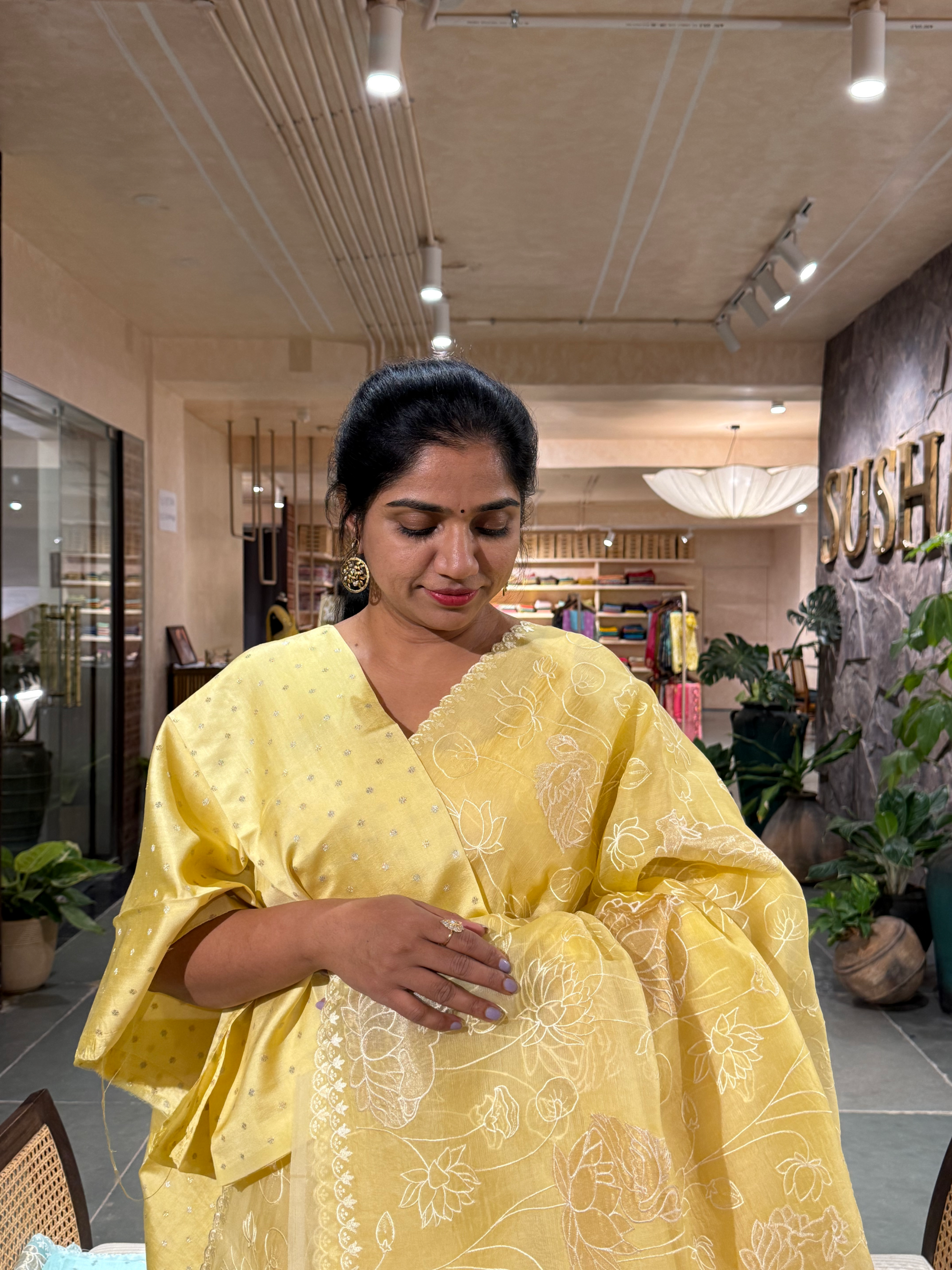 SOAA1607 : Pastel Yellow Organza Saree with Allover Pichwai Applique Embroidery