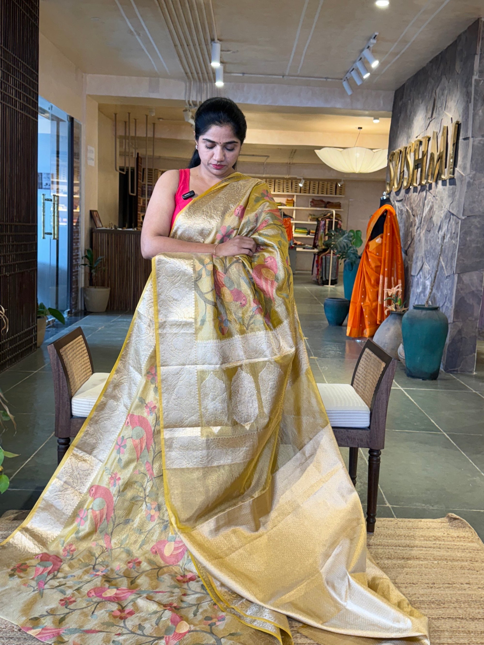 LightYellow Banarasi Crush Tissue Saree wth allover Pythani inspired embroidery