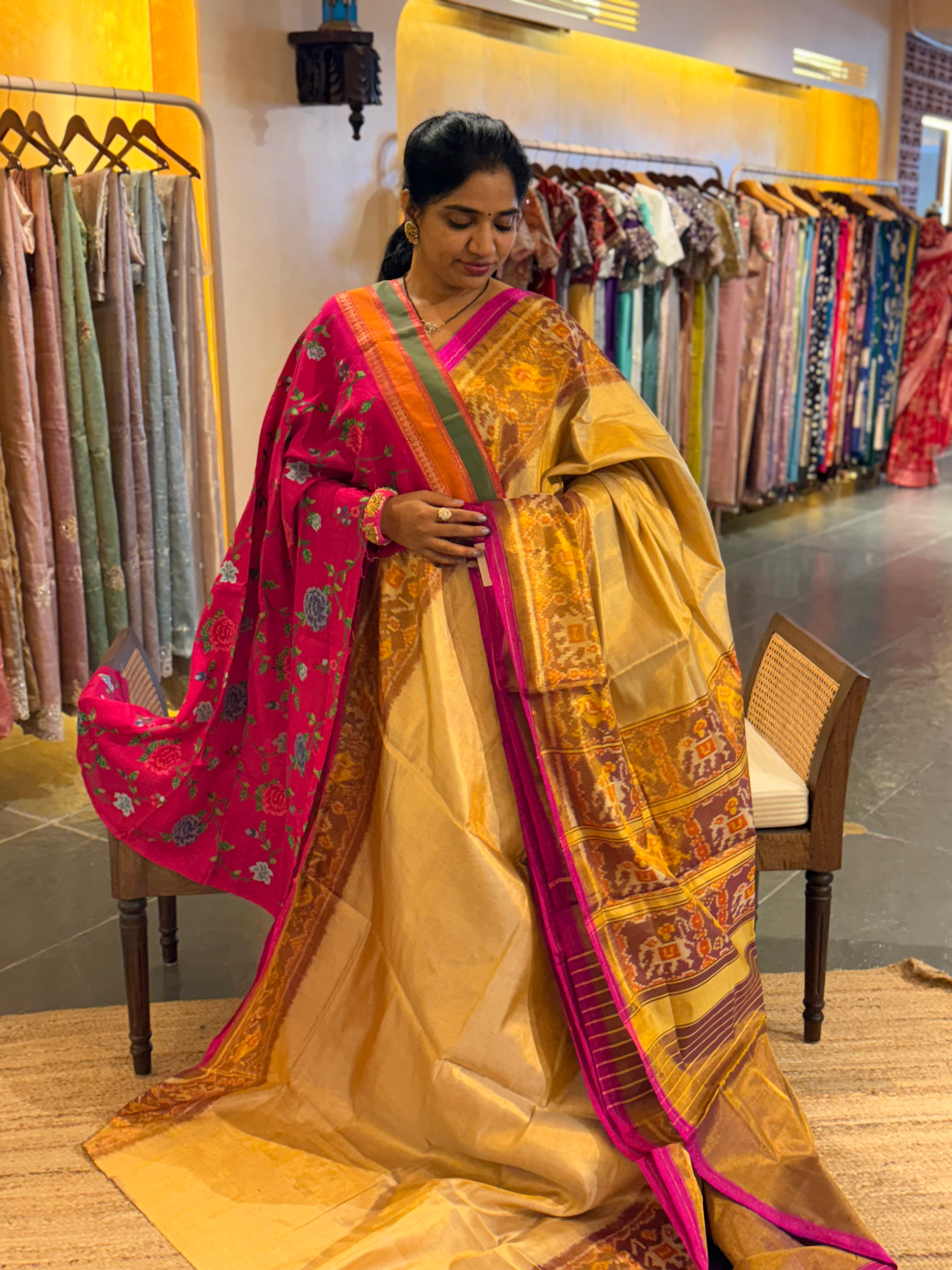 Beige Gold  Color Tissue Patan Patola Saree With Elephant and Parrot Borders
