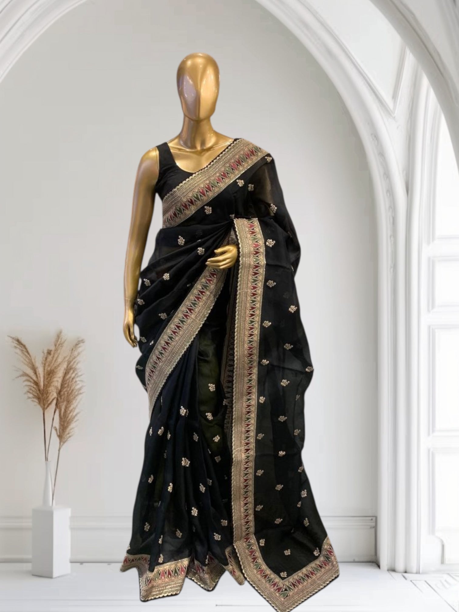 Luxe Black Organza Saree with Sabyasachi-Inspired Border & Blouse
