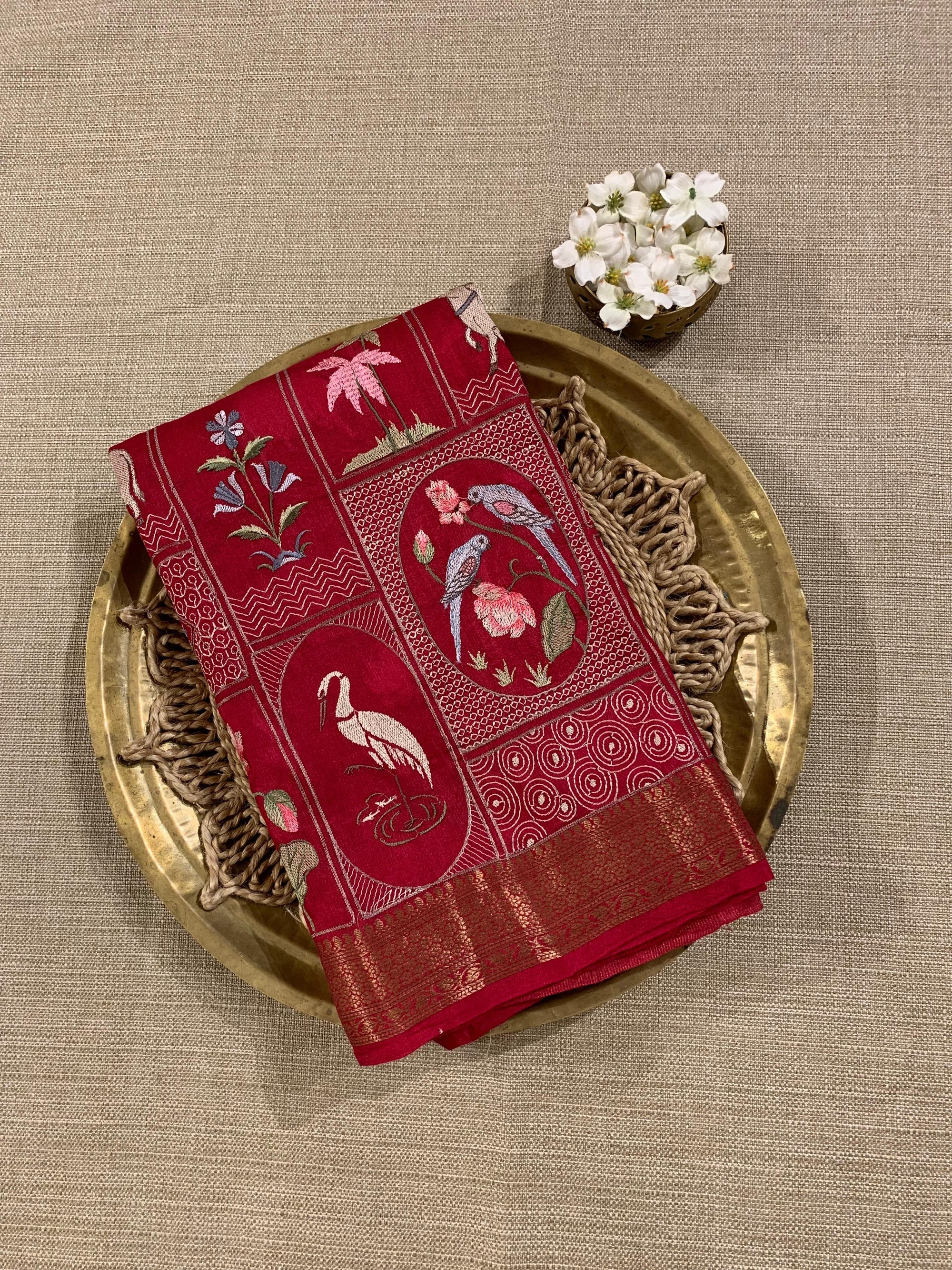 SMSEA108  Ruby Pink Pure Handloom Munga Silk Saree with Pichwai Embroidery