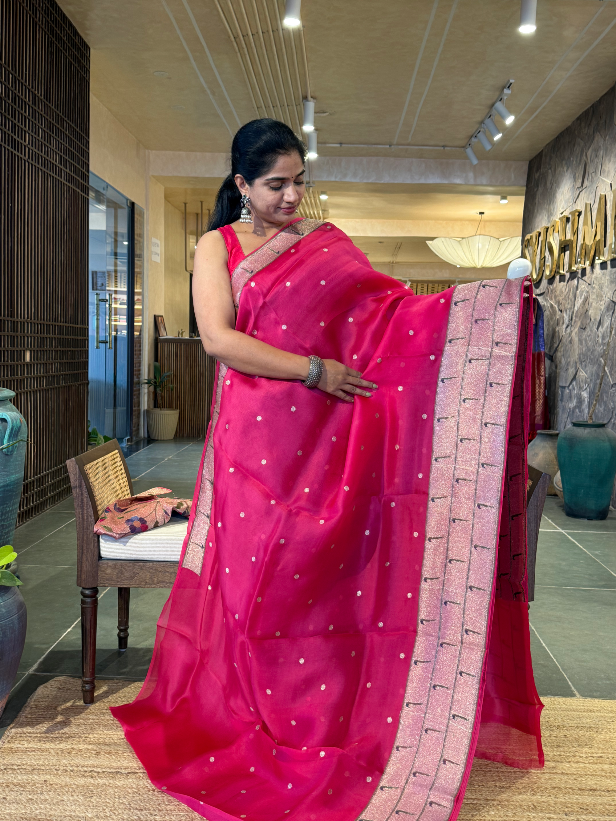 Dark Pink Pure Handloom Kora Silk and Pythani Fusion Saree