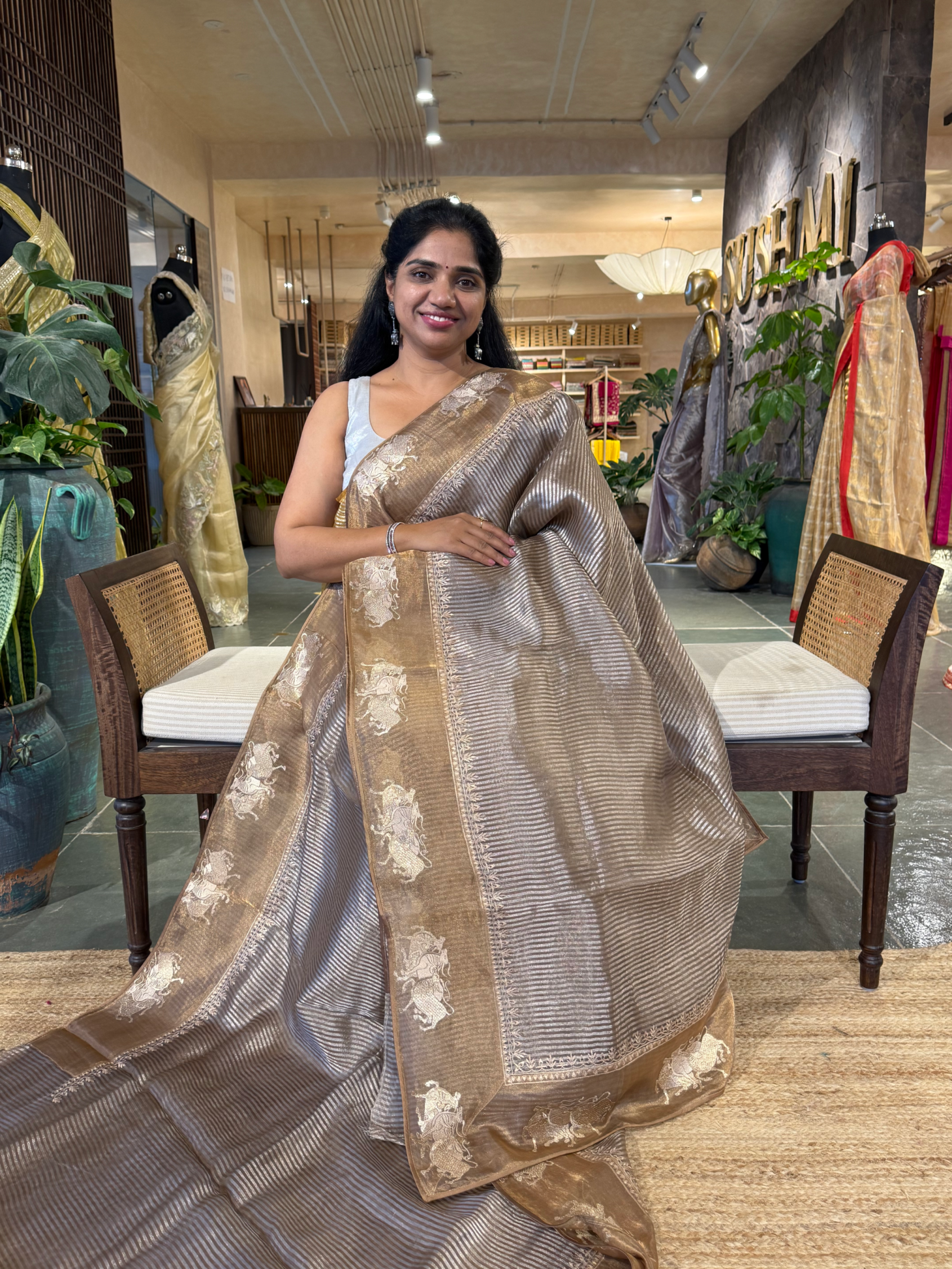Earthy Tone Tissue Stripes Saree with Nandi Border & Tissue Petite Point Blouse
