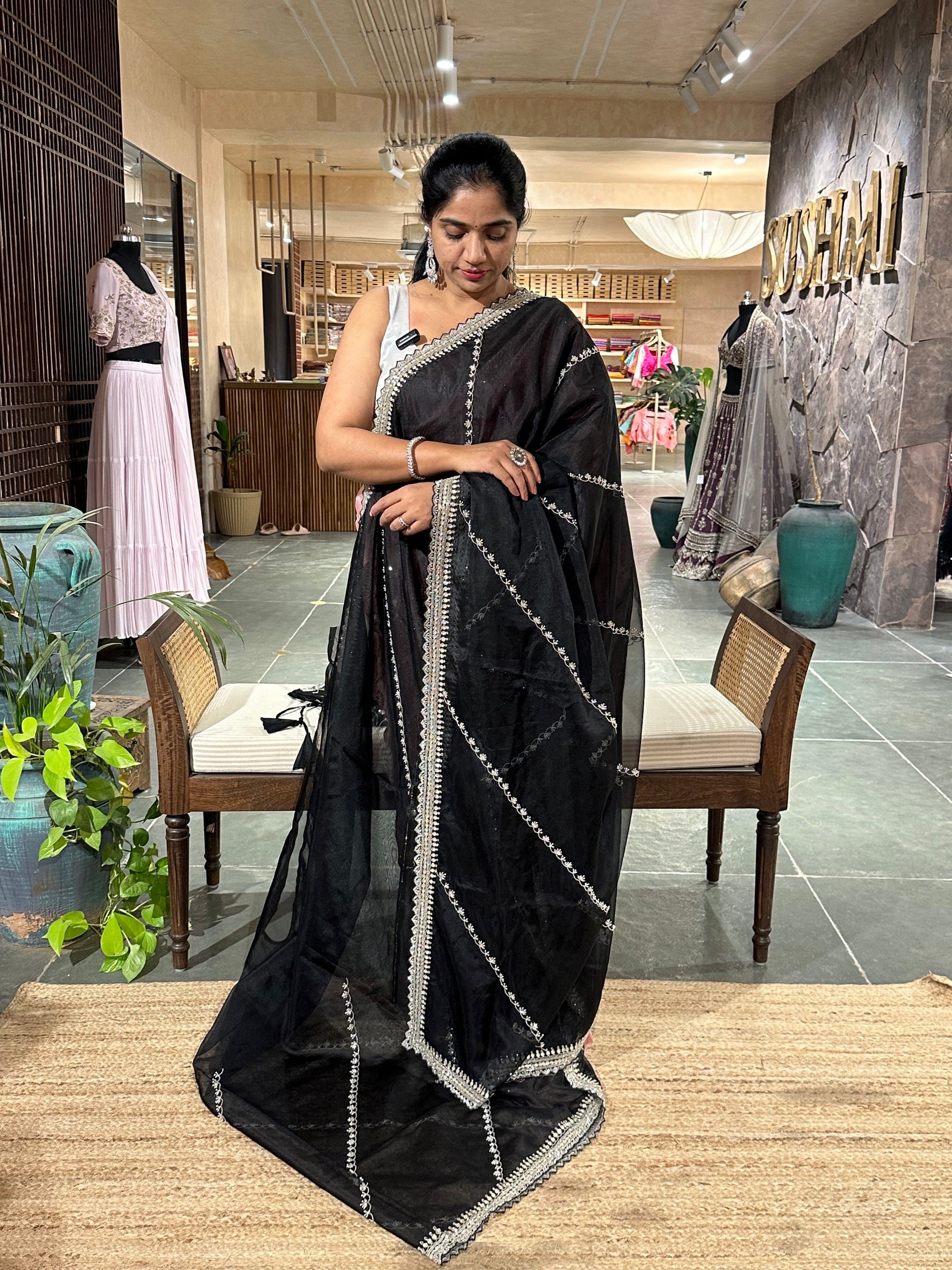 Black Organza heavy handwork Cocktail partywear Saree with heavy allover handwo