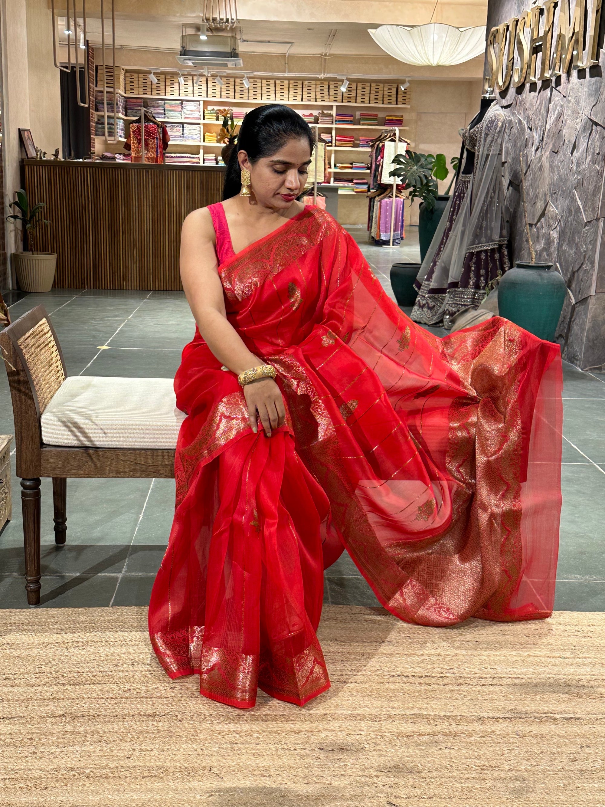Half white crush Saree with allover applique work in leaf creeper pattern  and h