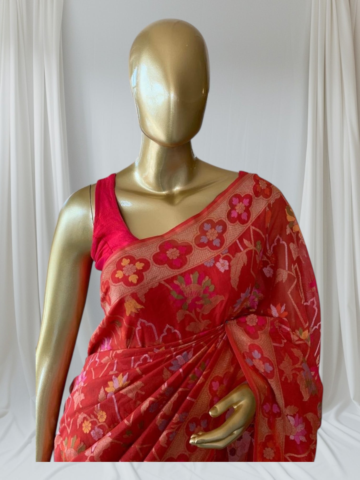 Carrot Color Banarasi Handloom Cotton  Cut Jamdani Saree With Allover Meenakari
