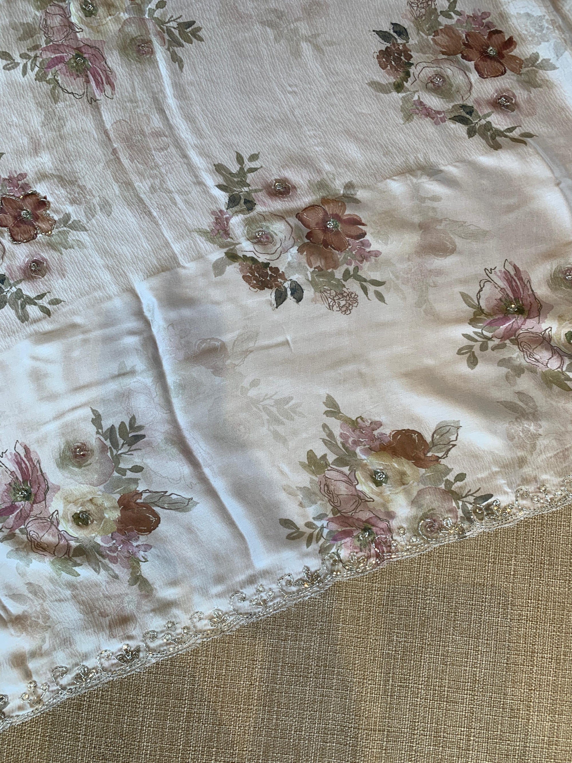 White Pure Chinnon Satin Crepe Saree With Floral Print & Handwork Borders