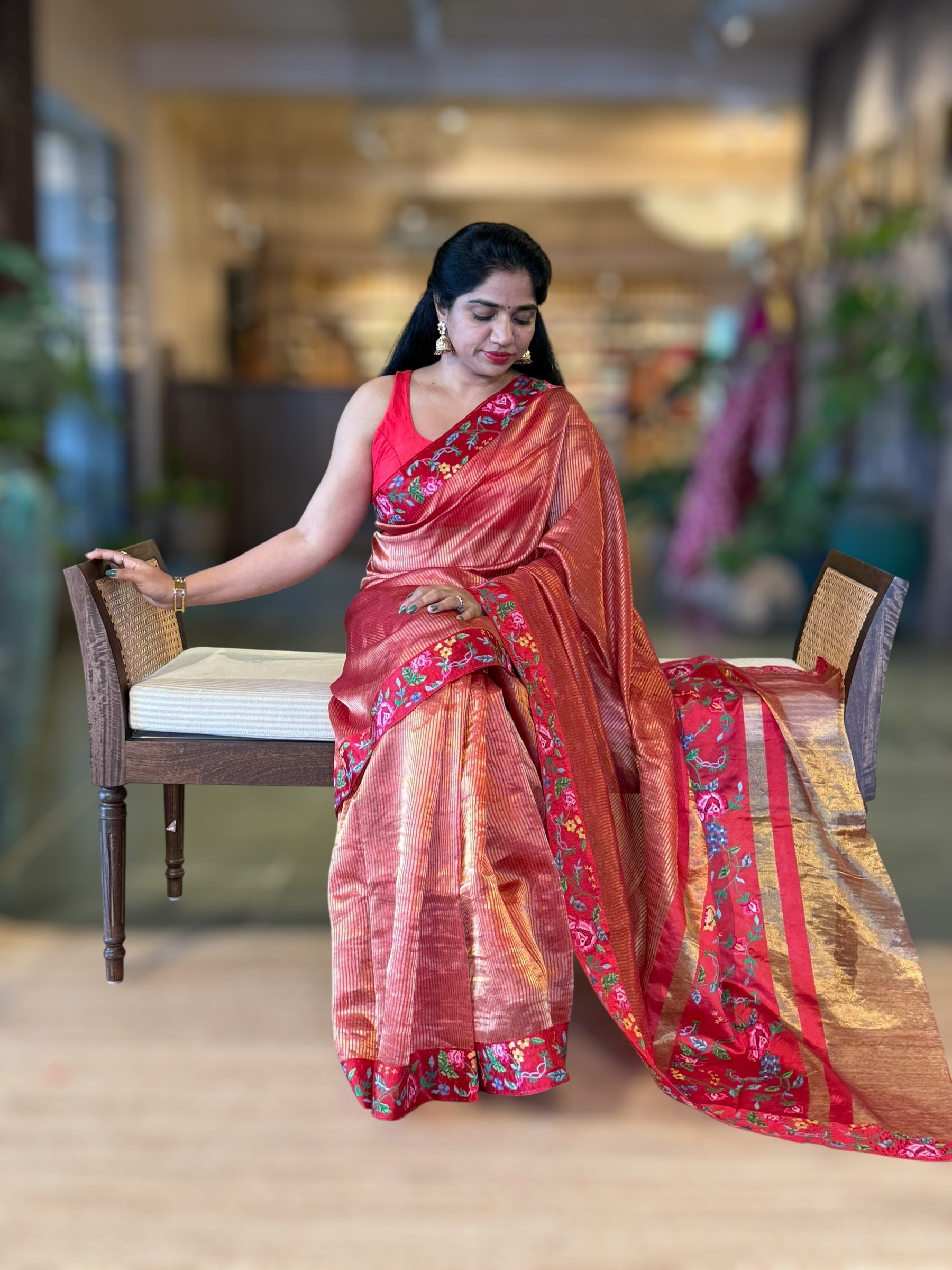Red Kora Tissue Stripes Saree with Petite Point Embroidered Border Pallu & BP