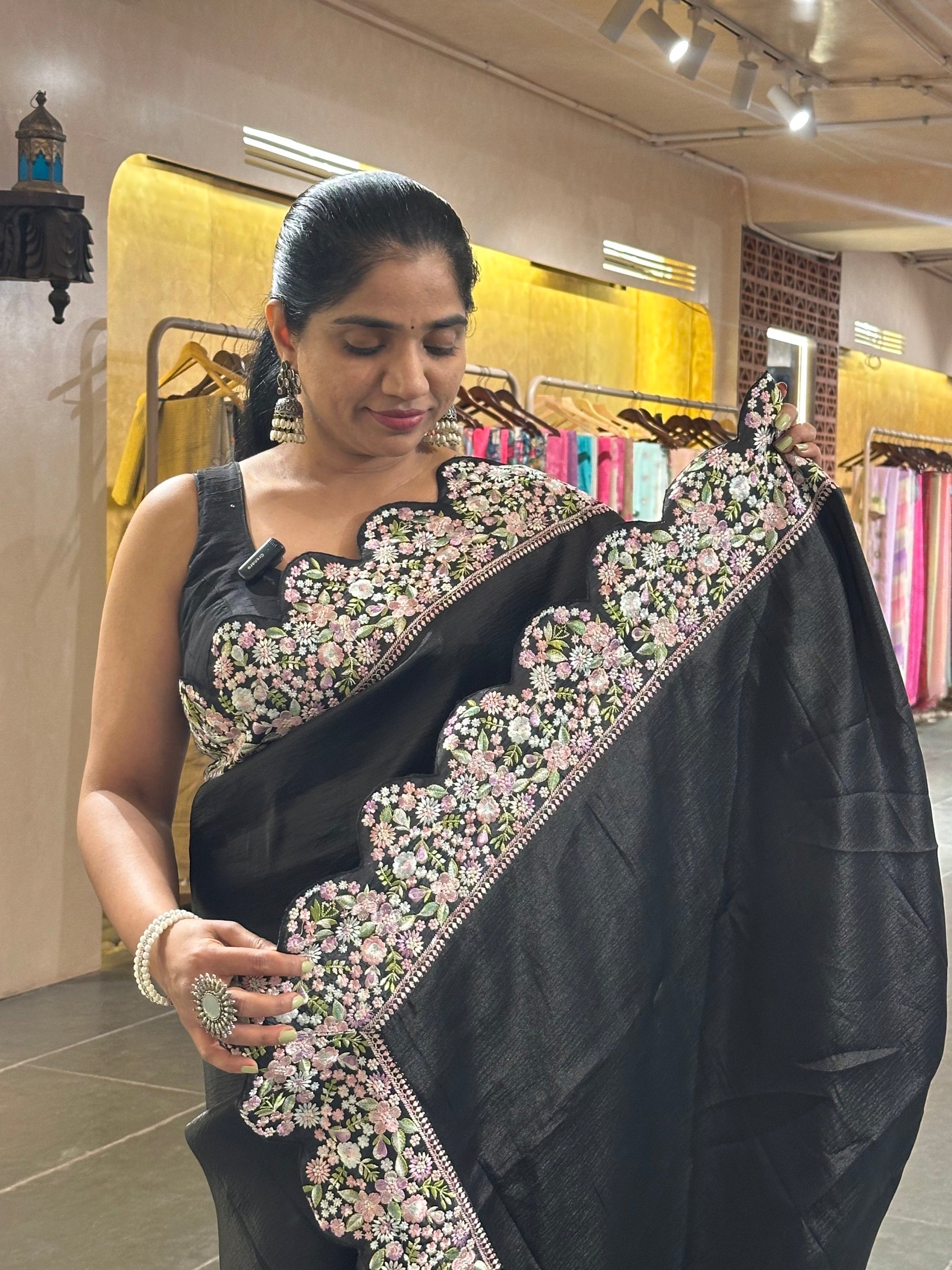 Black Crush Saree with beautiful threadwork scalloped  border
