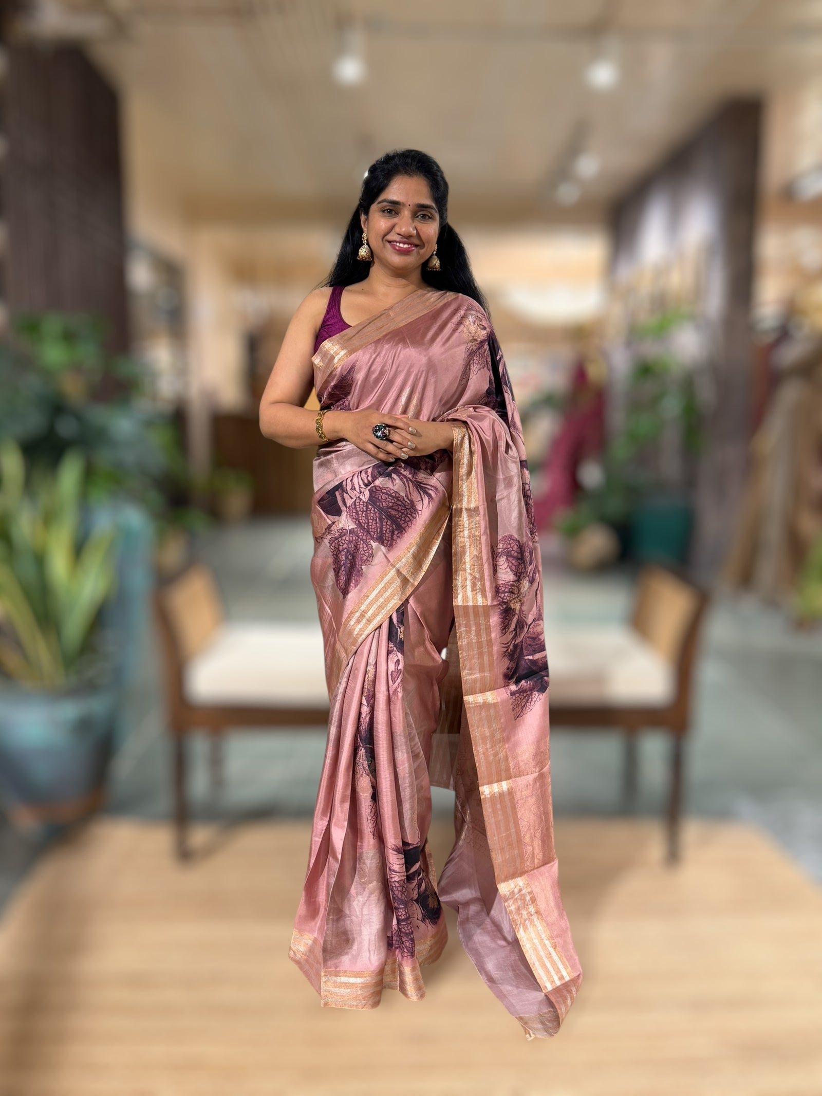 Onion Pink Printed Kanchi Soft Silk Saree with Bold Rose Flower Print.