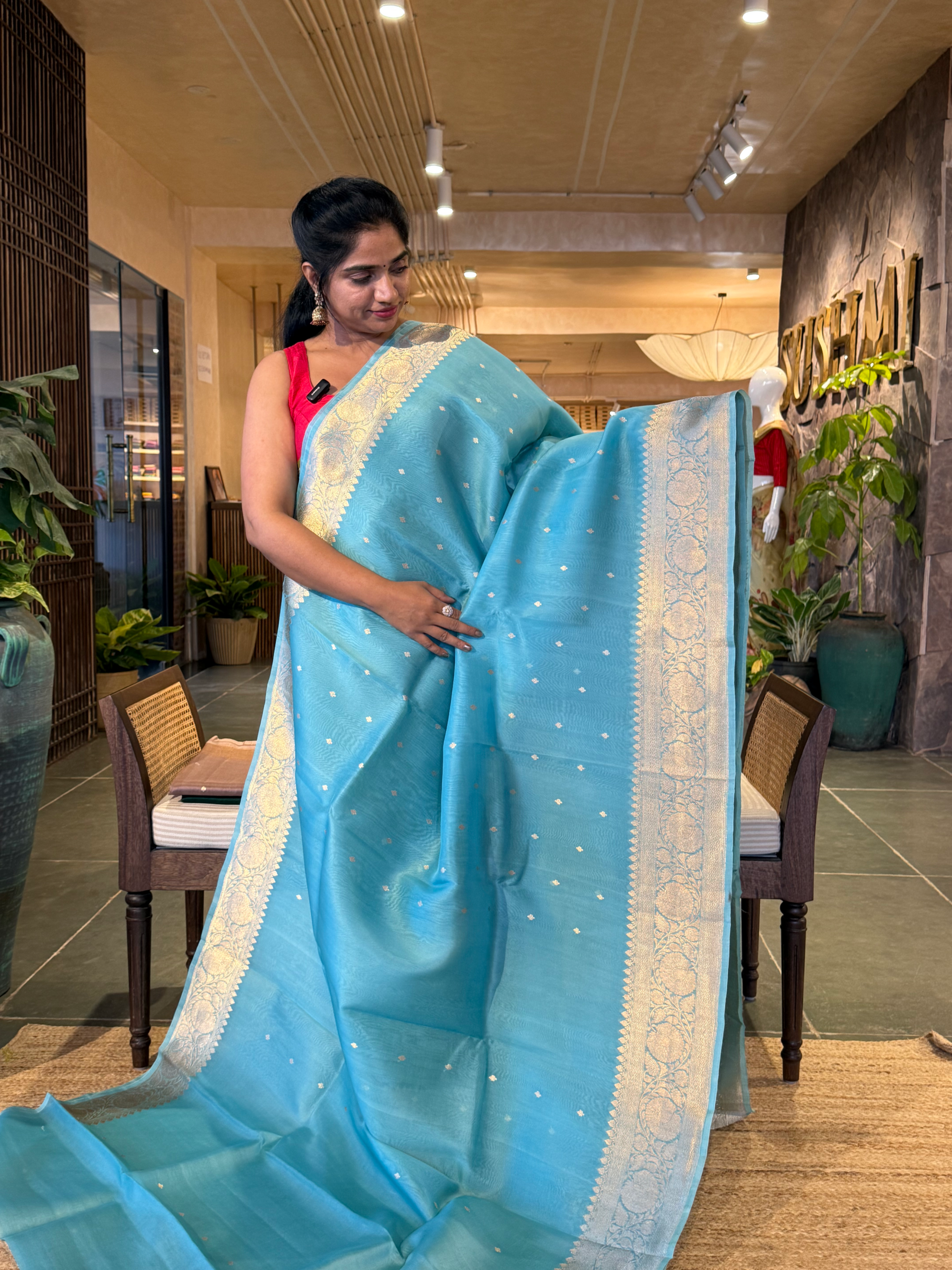 SKBSM227 : Seablue Premium Handloom Kora Banarasi Silk Saree with kaduwa weaving