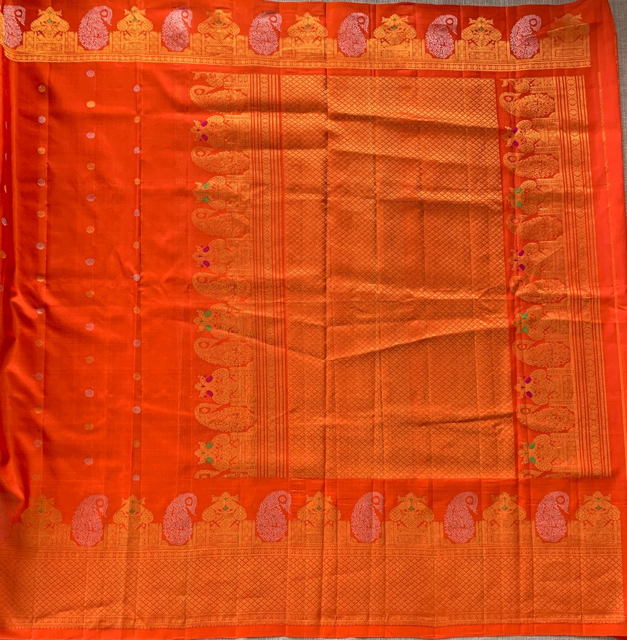 Orange  Pure Handloom Gadwal Saree Turning Borders