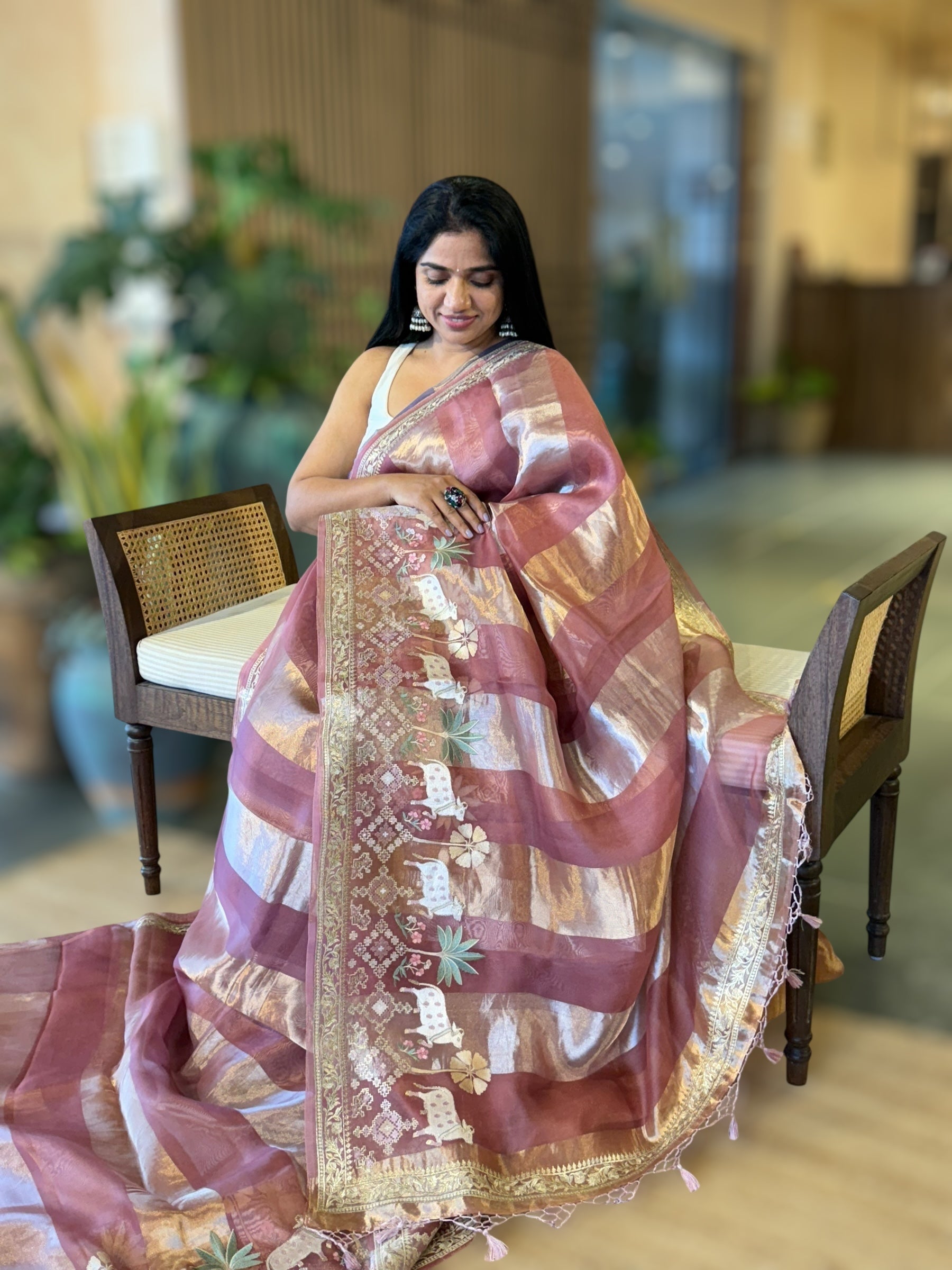 Onion Pink Kora Tissue Stripes Saree With Jamdani  & Pichwai embroidered Border
