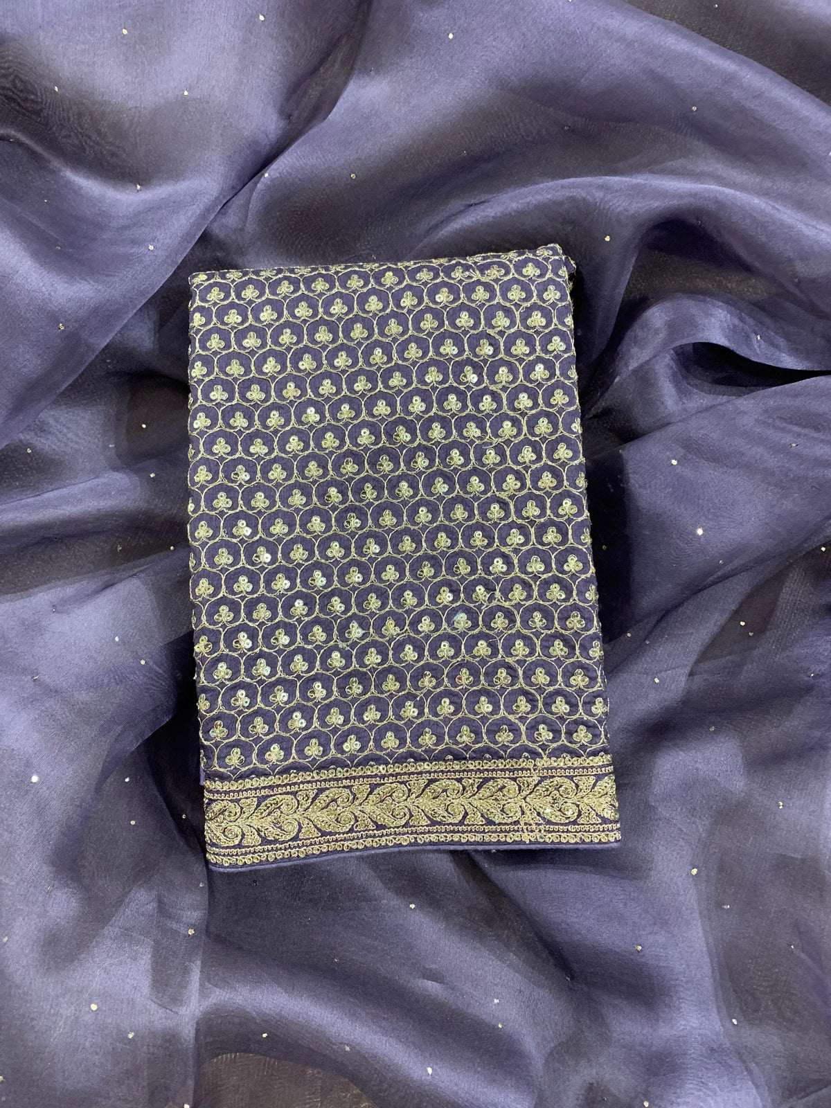 SK1091414ORG:Bluish Violet Kanchi Kora Saree with allover mukaish handwork