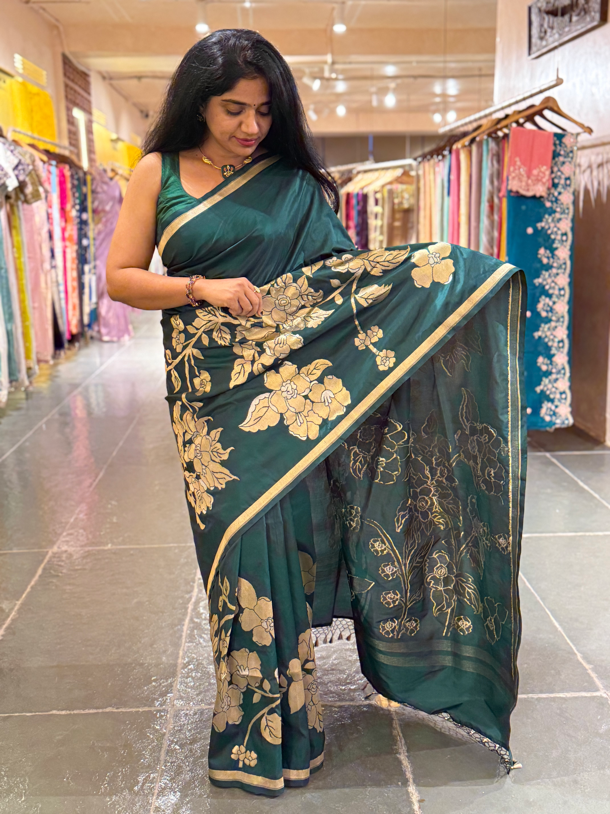 Forest Green Designer Banarasi Silk Saree