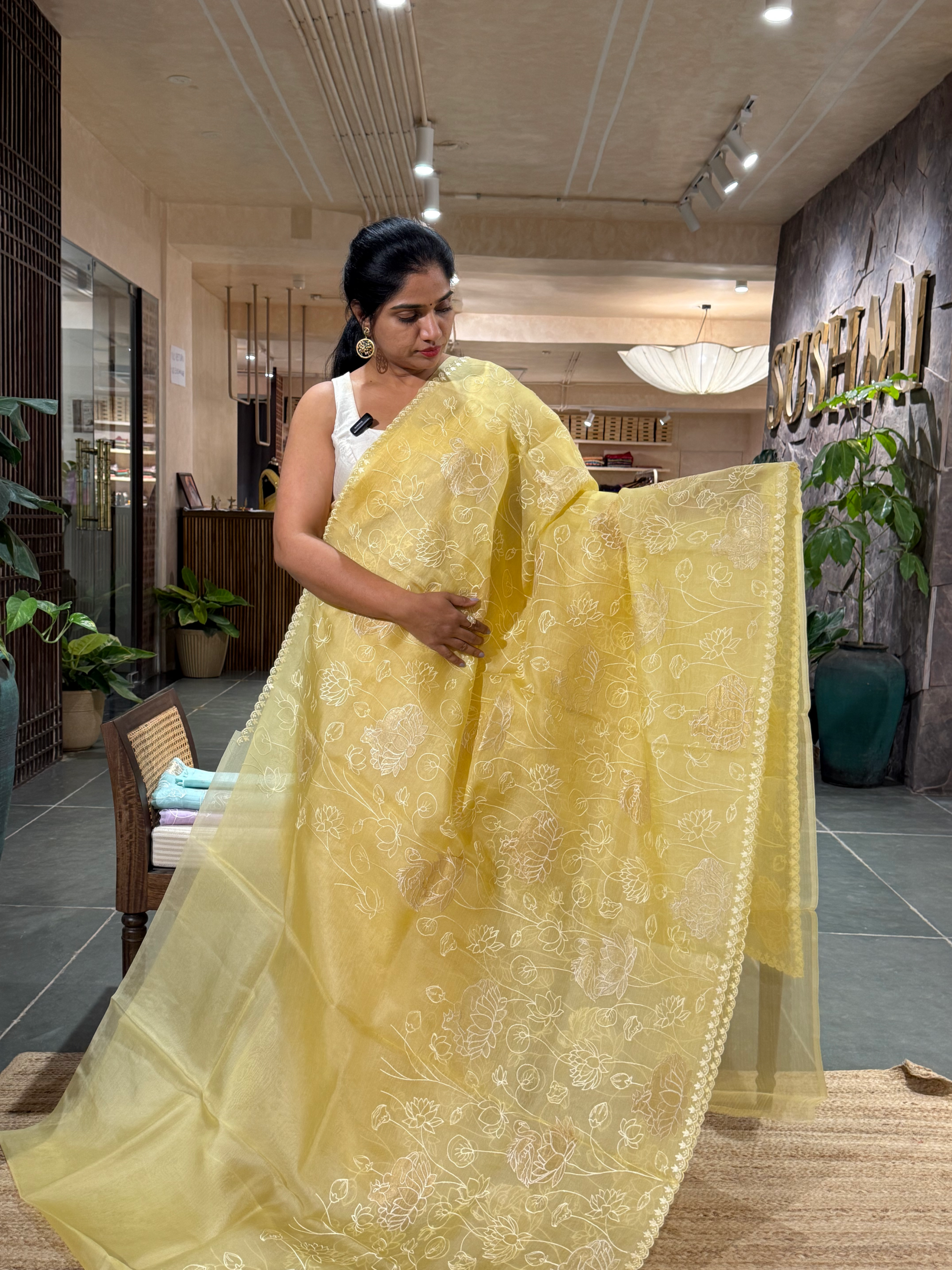 SOAA1607 : Pastel Yellow Organza Saree with Allover Pichwai Applique Embroidery