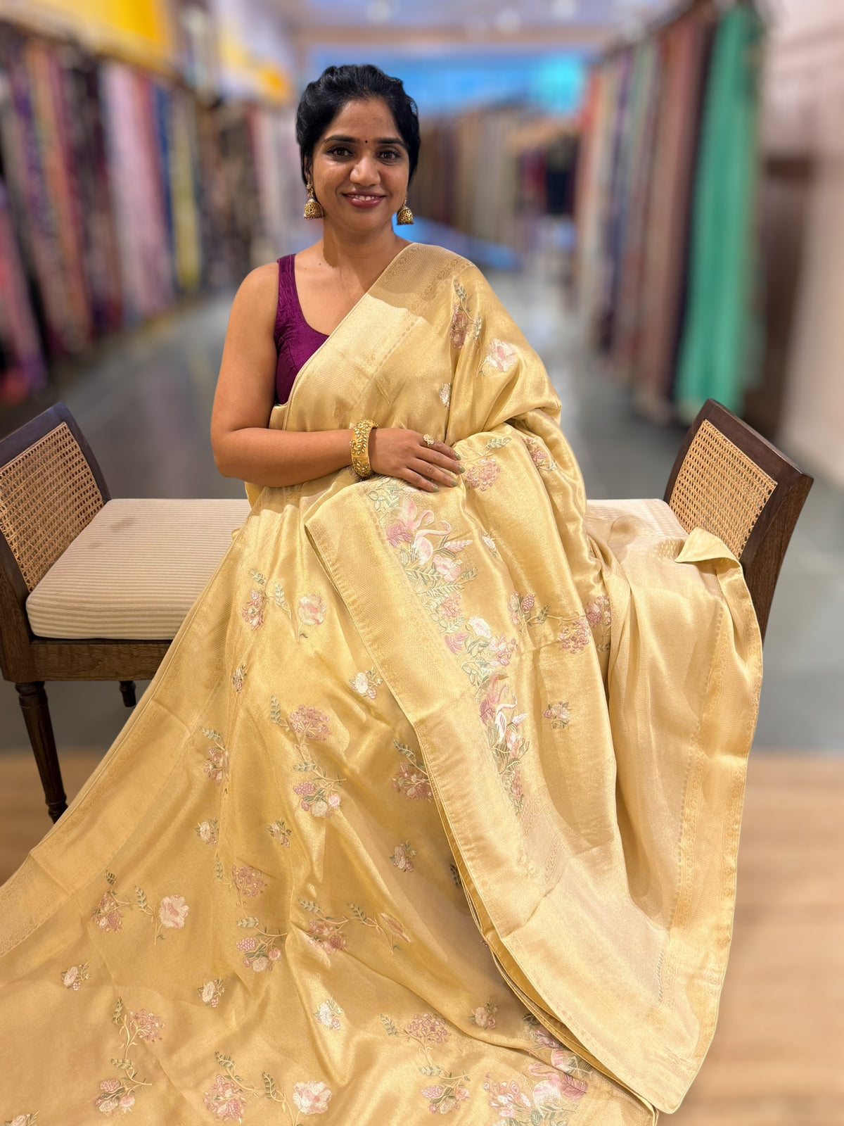 Banarasi Gold Tissue Brocode Saree with AlloverEmbroidered Border