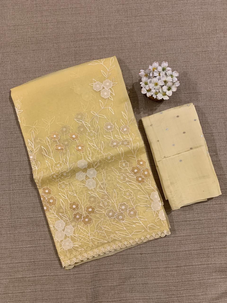 Besan Yellow Organza Applique work Saree
