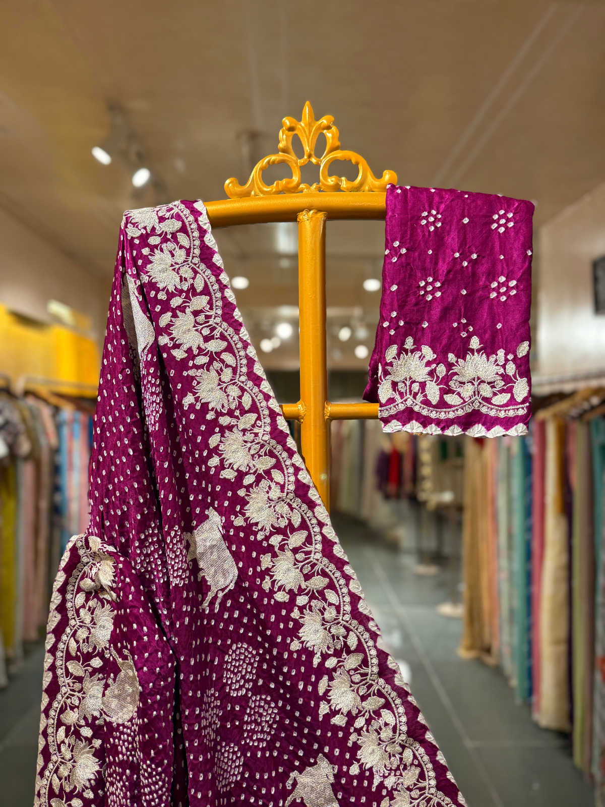 Purple Pure Gajji Silk Rai Bandhej Saree with Pichwai Embroidery