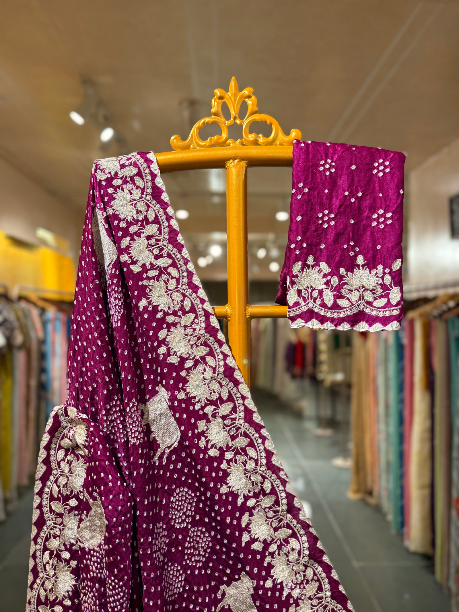 Purple Pure Gajji Silk Rai Bandhej Saree with Pichwai Embroidery